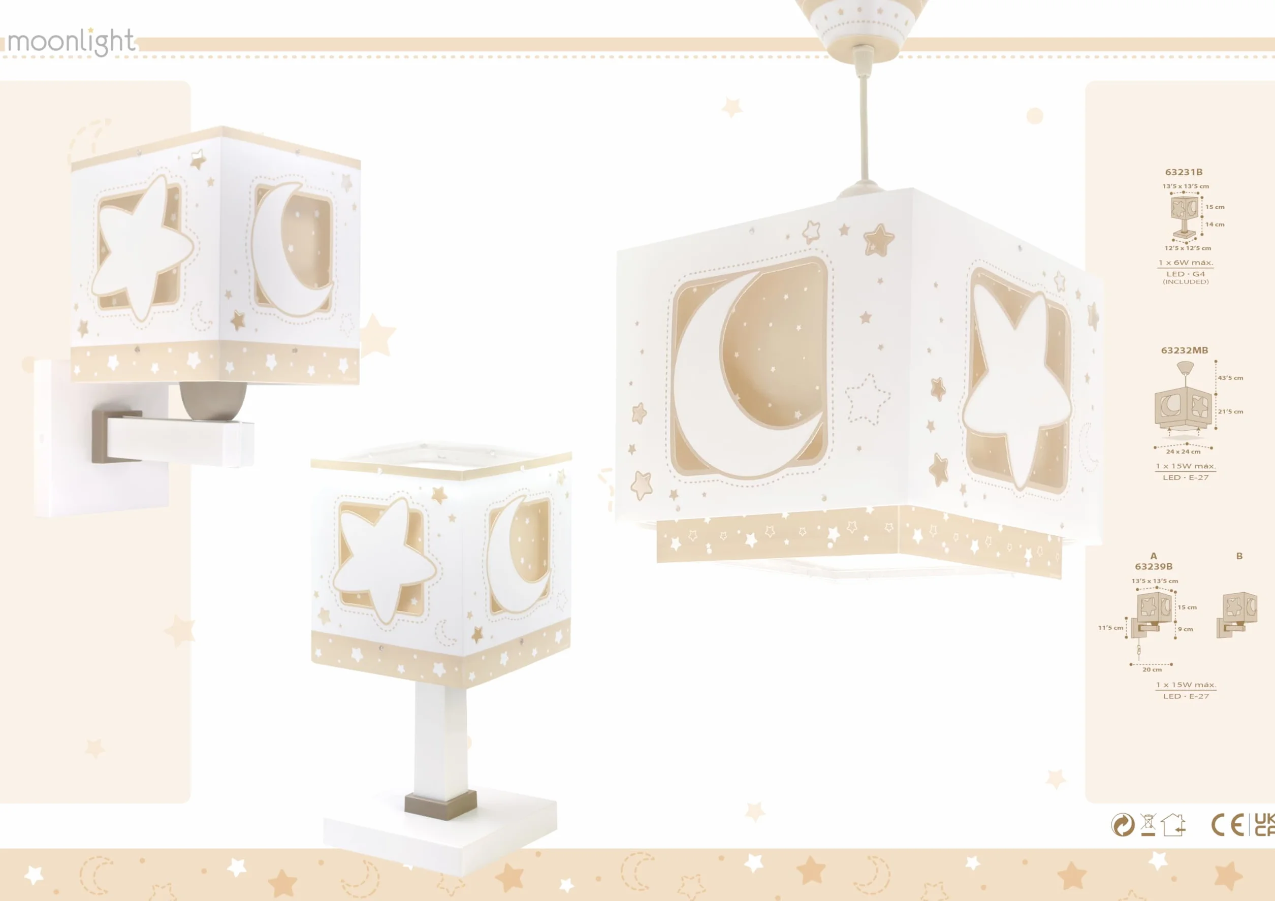 Dalber Lustre Chambre Lampe Suspension Plafonnier Enfants Moonlight Lune Étoiles Beige E27