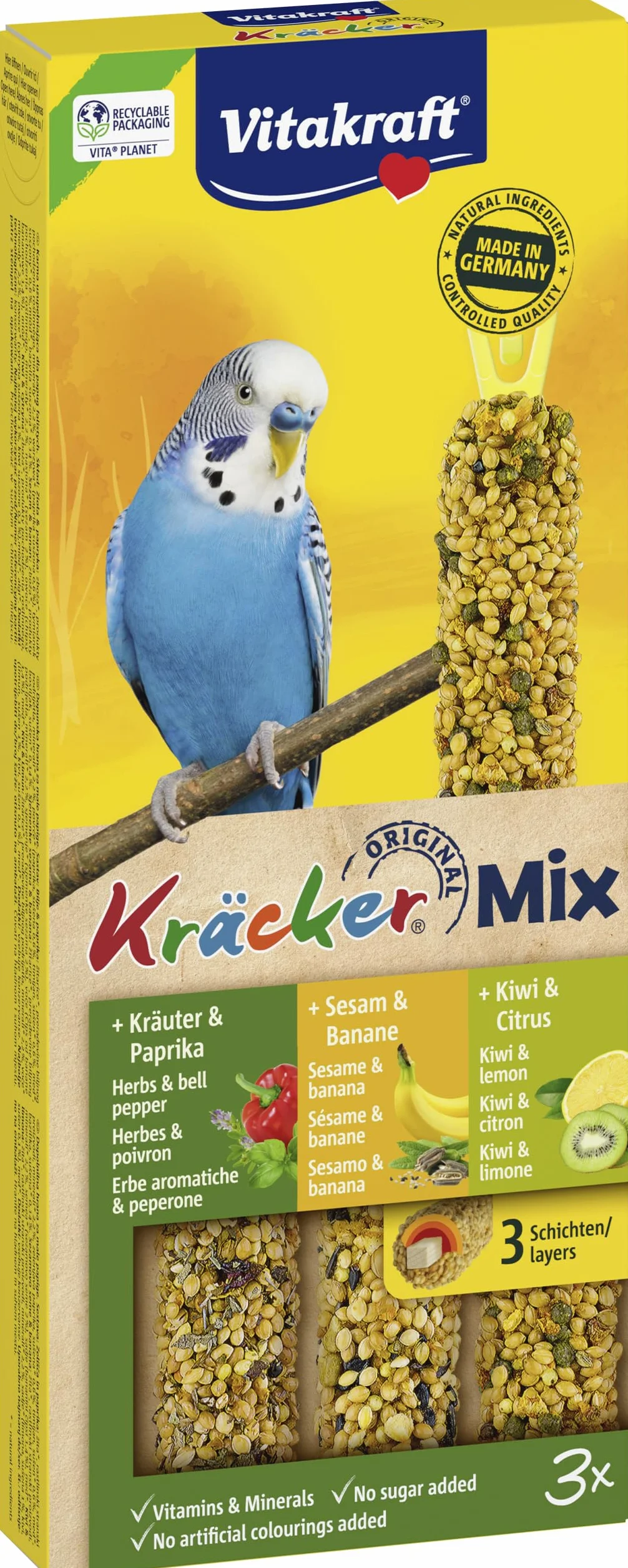 VITAKRAFT Kräcker Mix Snack pour Oiseaux Perruches Sticks Aux Herbes Paprika Kiwi Agrumes Banane Sésame sans Sucres Ajoutés 90G