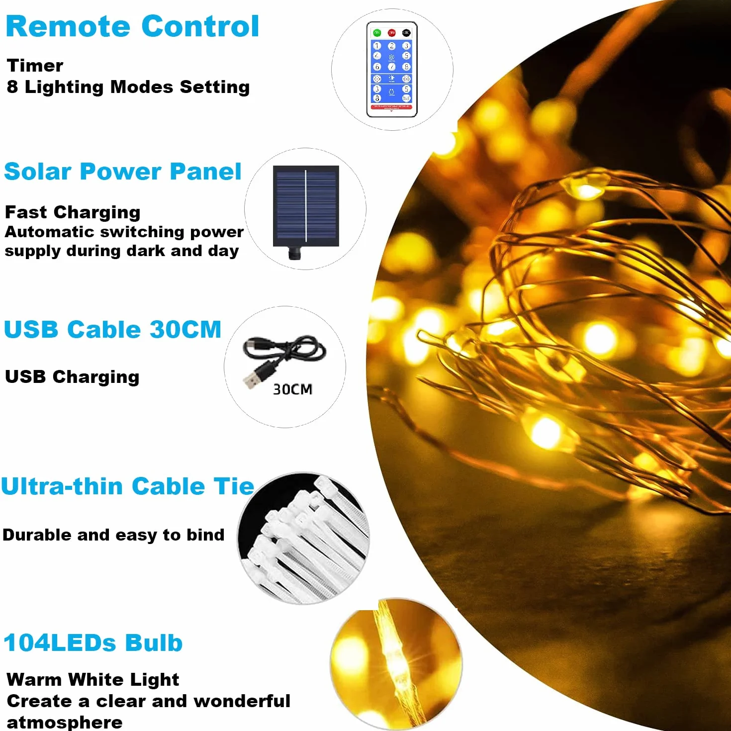 Lampe Solaire Parasol 104 LEDs 8 Modes IP67 Étanche avec Télécommande