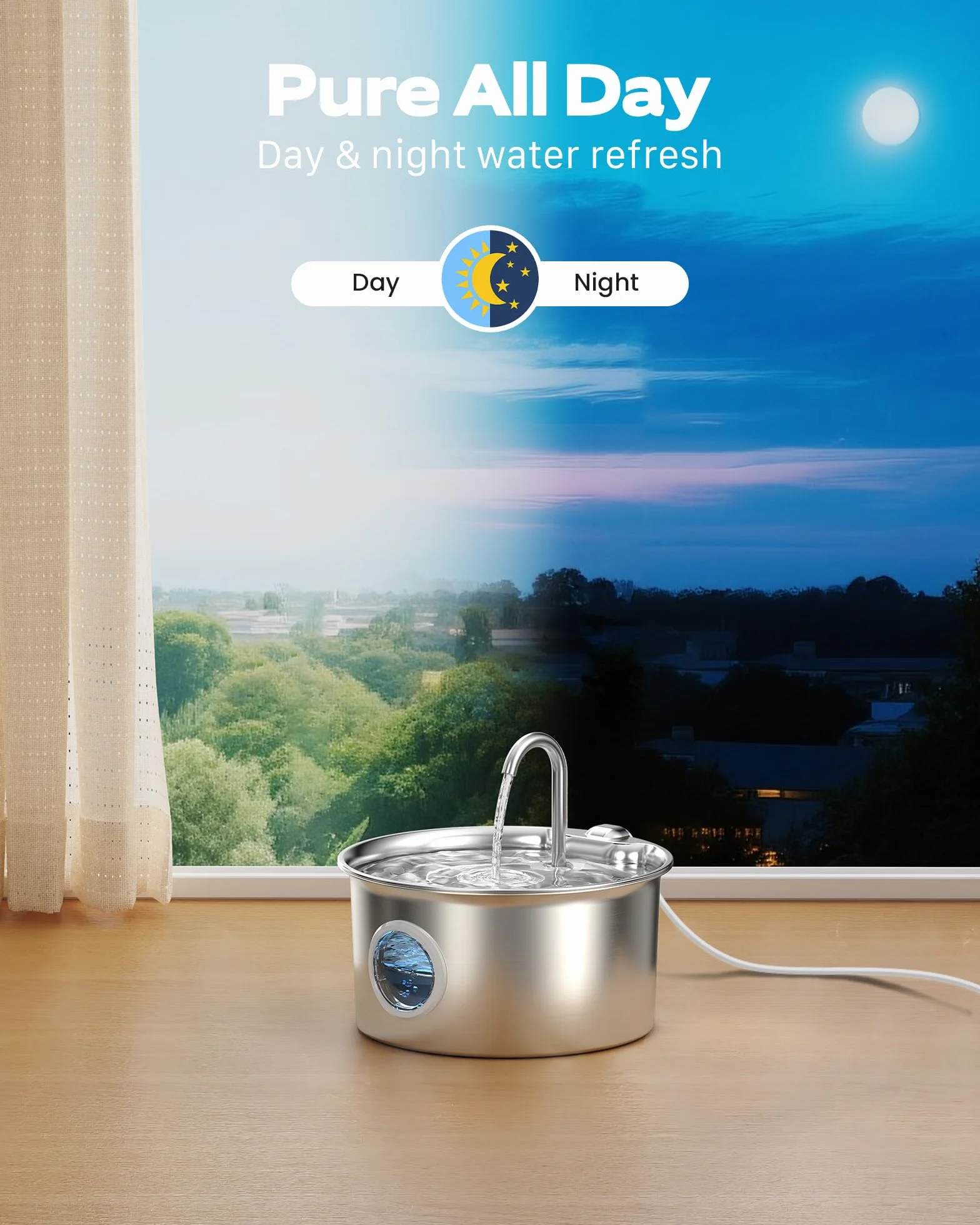 Fontaine à Eau pour Chat INOX 2,6L Automatique Silencieuse avec Fenêtre de Niveau d'eau