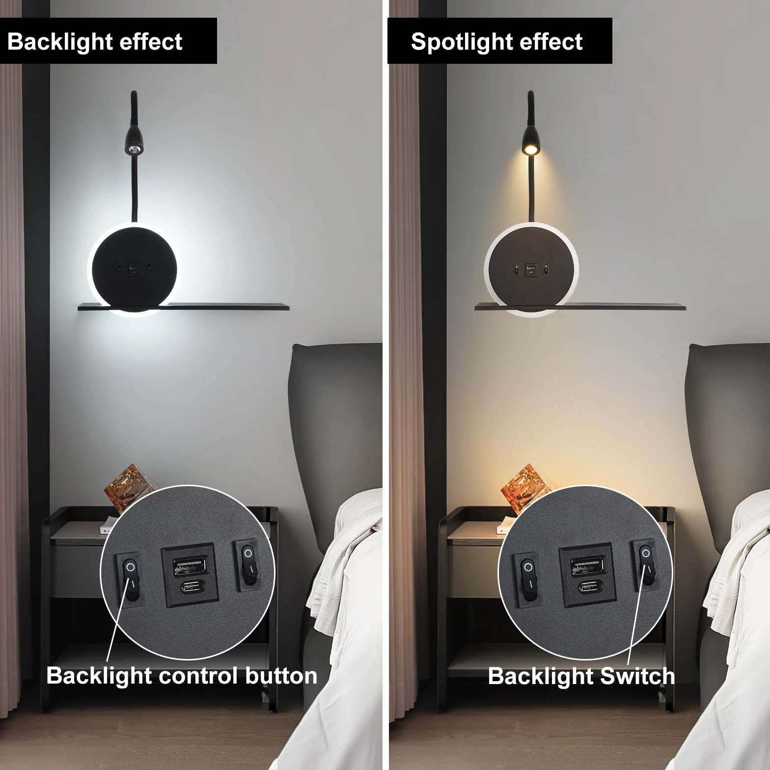 Lampe de chevet LED 2 pièces avec interrupteur, port USB-C, 3W 3000K + 9W 6000K, applique tête de lit noir