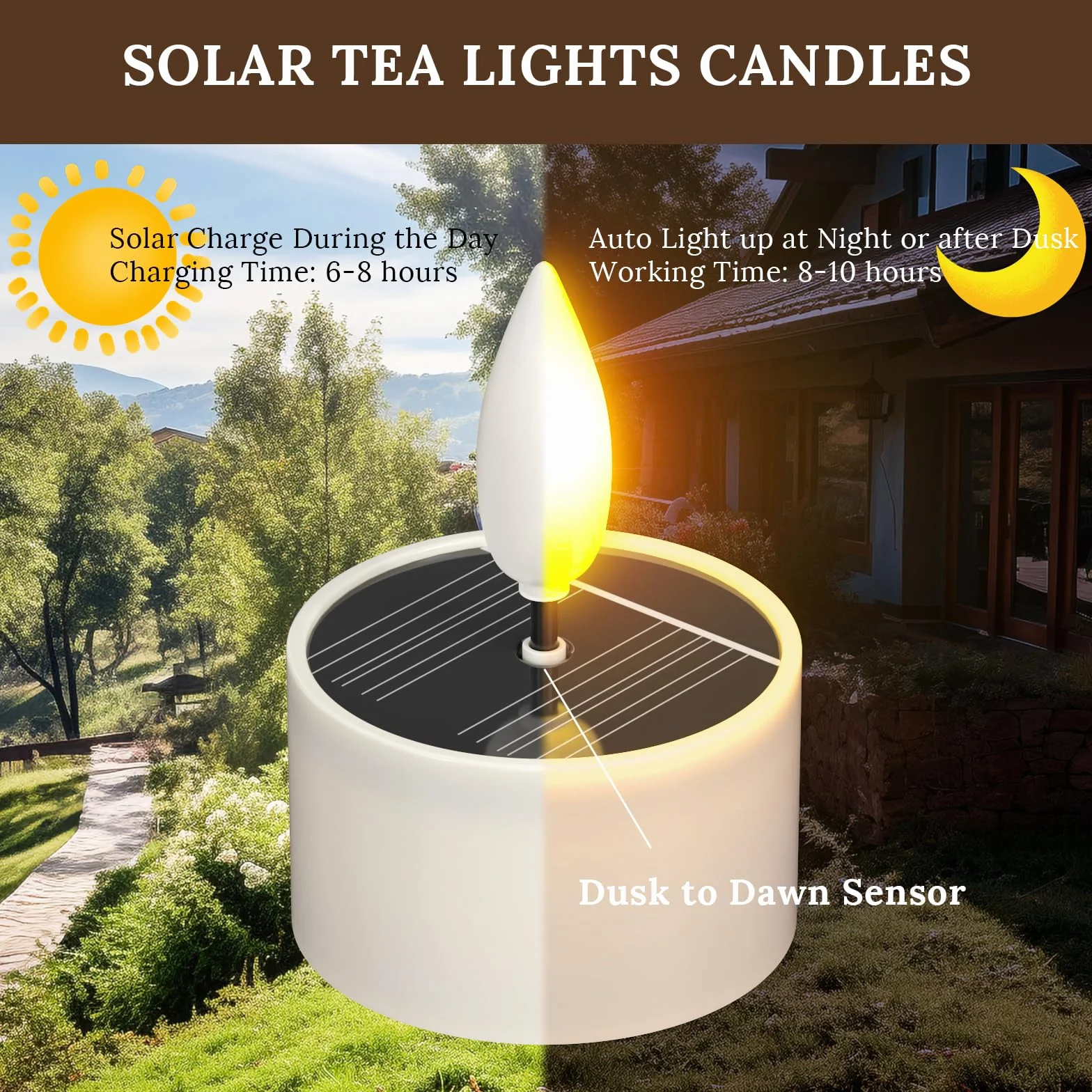 SoulBay Lot de 6 bougies chauffe-plat solaires LED étanches Dusk To Dawn rechargeables pour extérieur