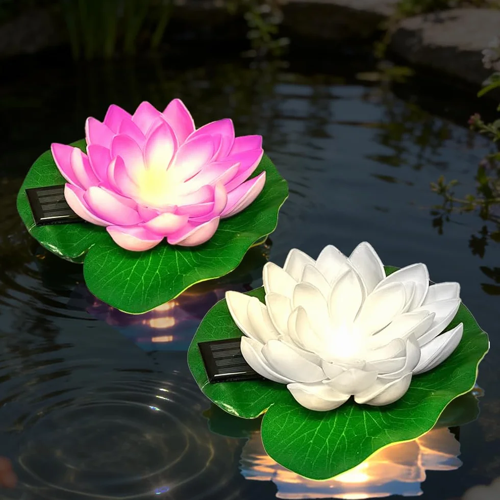Lanterne Solaire Lotus LED Étanche - Lampe Flottante Piscine Bassin Jardin (Violet Blanc)