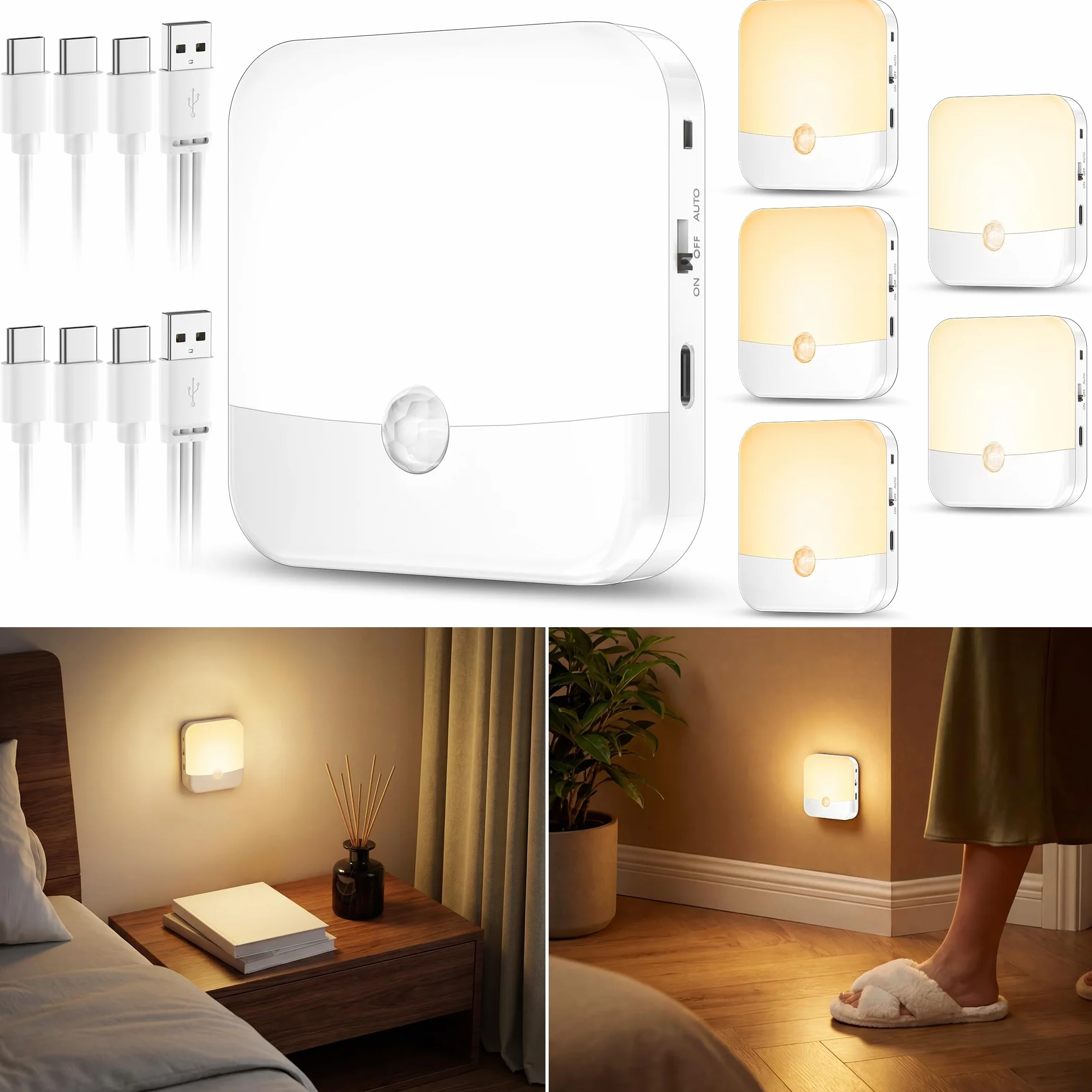 Veilleuse LED Rechargeable avec Détecteur de Mouvement, Lampe Sans Fil pour Intérieur, 6 Pièces