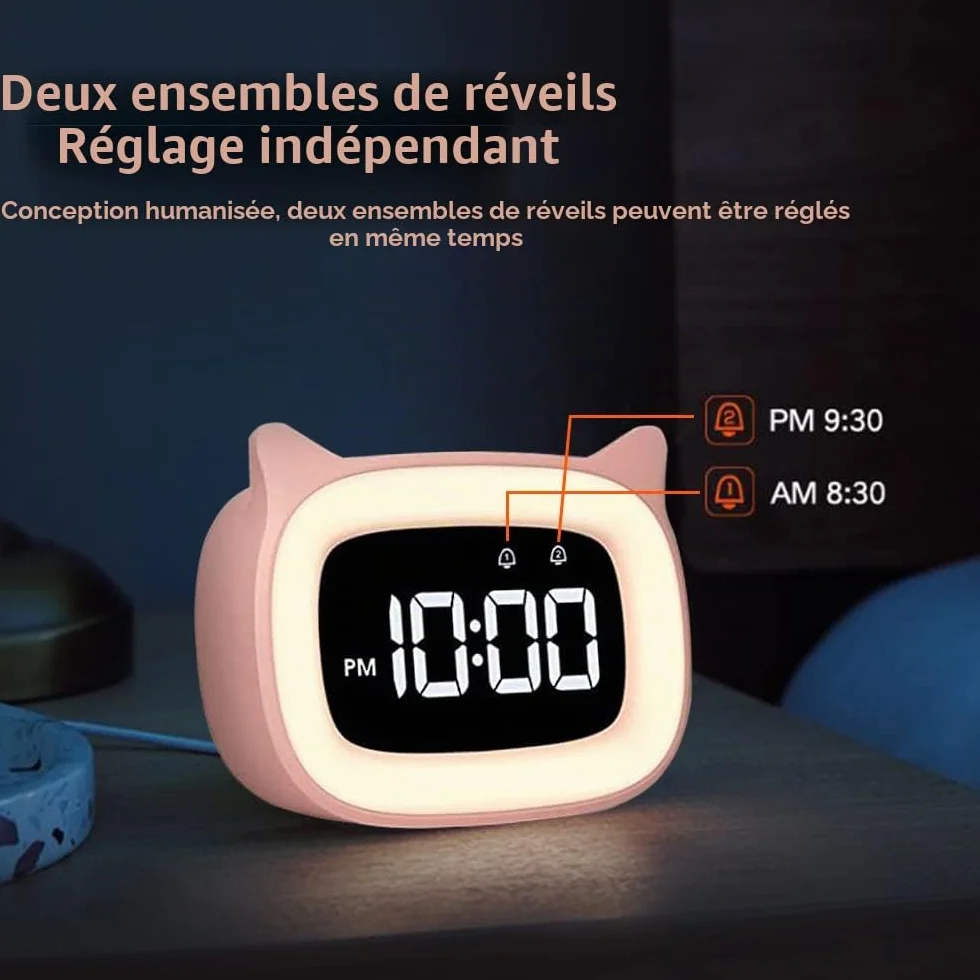 Réveil Enfant Éducatif Radio avec Veilleuse Jour/Nuit, Deux Alarmes, 18 Musiques, LED Numérique, Snooze, Rechargeable, Rosa