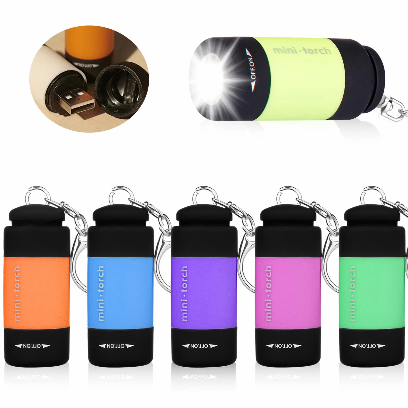 Mini lampe de poche LED rechargeable USB IPX8 étanche pour enfants avec porte-clés, 6 pièces