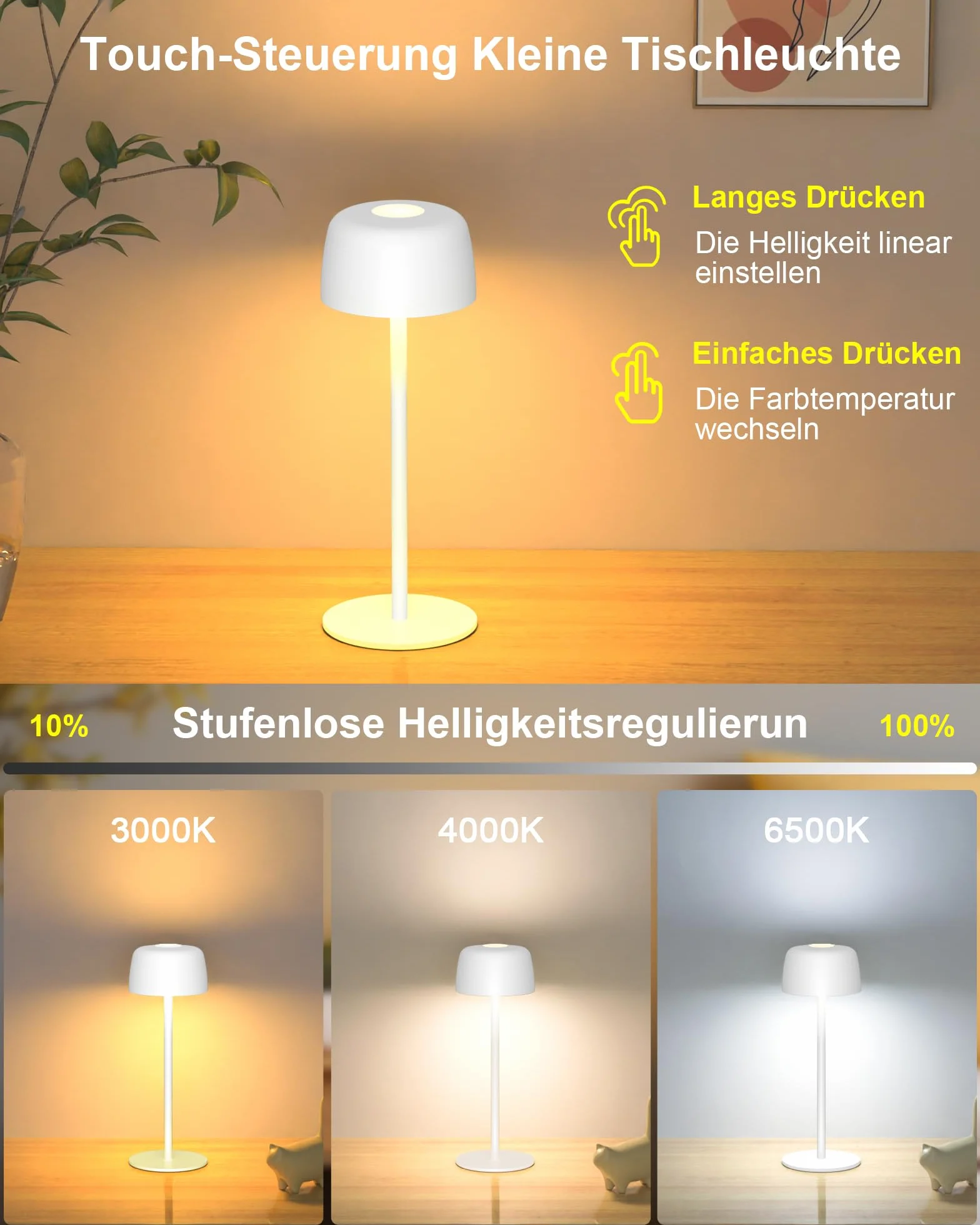 TRUMPETS Lampe de Table LED Sans fil Rechargeable Métal IP54, 3 Couleurs Dimmable Contrôle Tactile