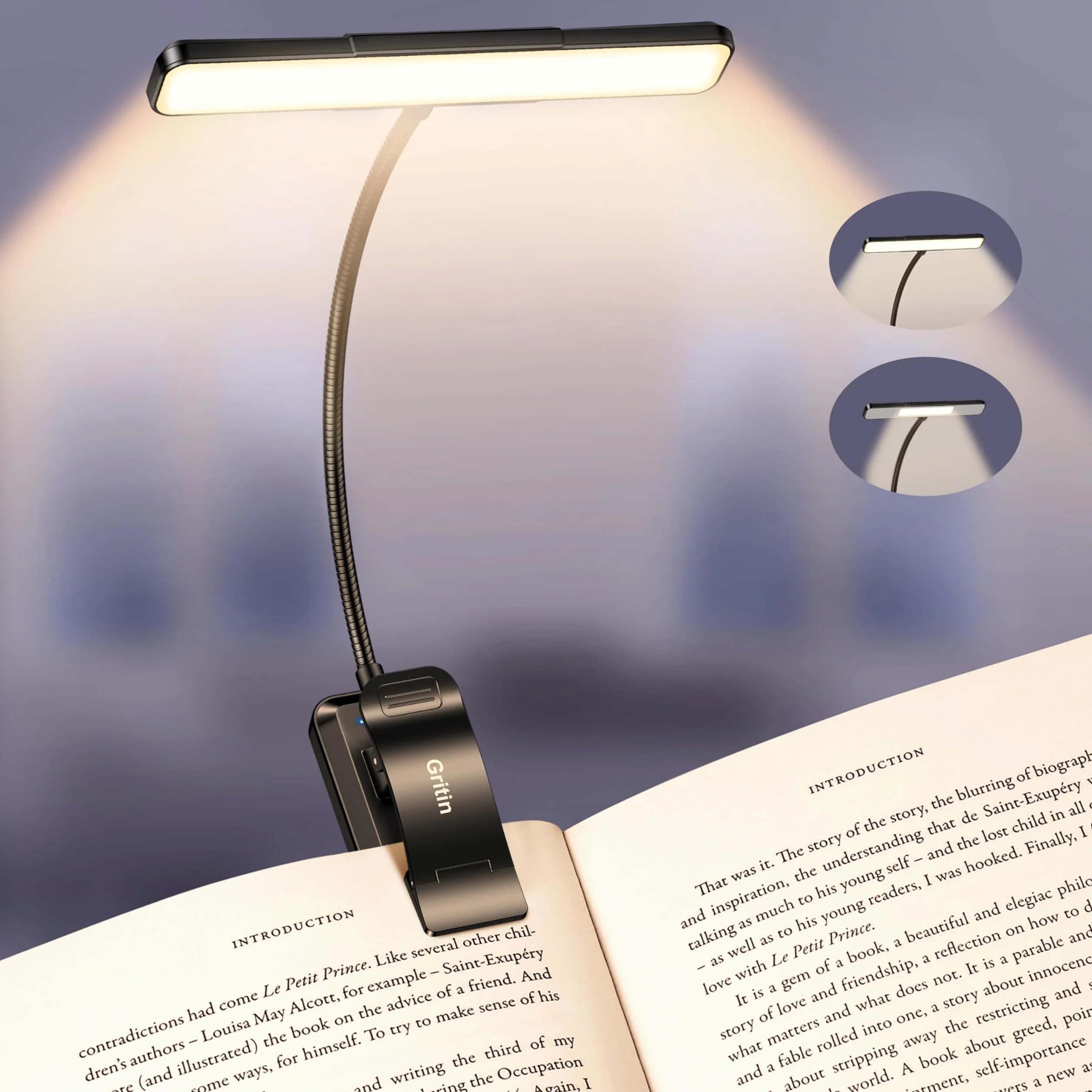 Gritin Gén.2 Lampe de Lecture 32 LED Spectre Complet Liseuse Clip Protection des Yeux 5 Couleurs 5 Luminosités Faisceau Large Étroit Réglable 1500mAh Rechargeable