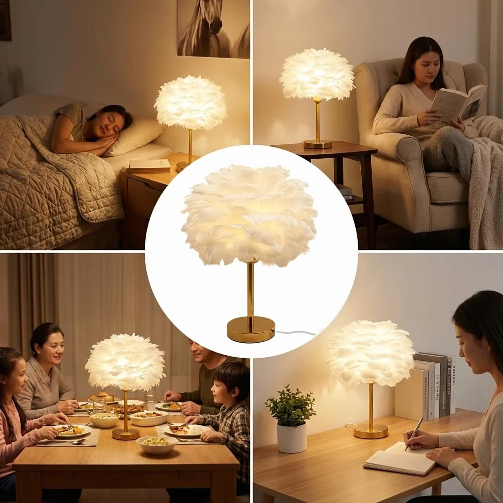 Lampe de chevet moderne E27 veilleuse enfants plumes artificielles blanc chaud 30x38 cm