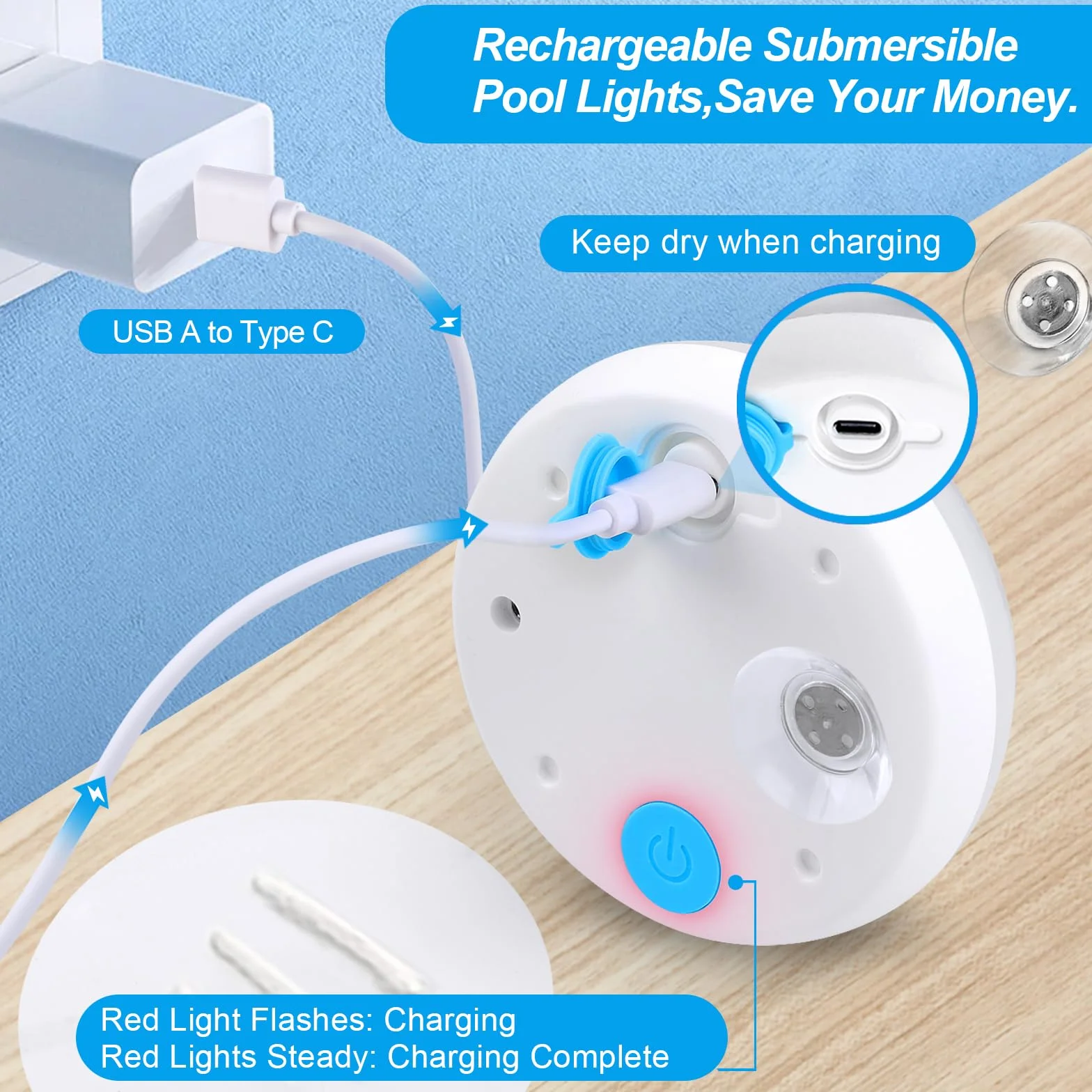 TEPENAR Lot de 2 lampes de piscine submersibles rechargeables USB-C télécommandées 16 couleurs avec aimant