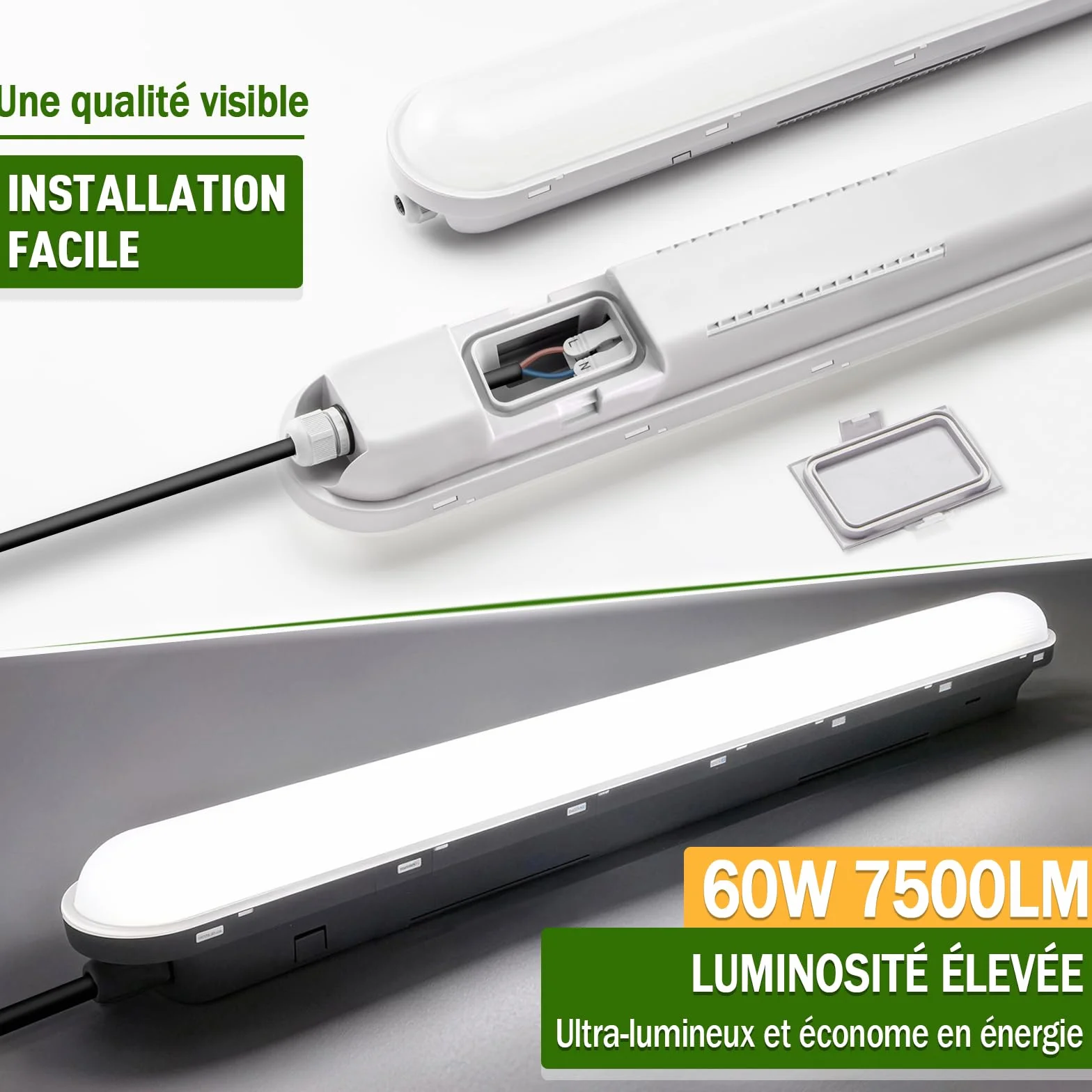 Réglette LED IP65 Connectable 60W 7500LM 6000K Blanc Froid 150cm Tonffi Luminaire Étanche pour Garage