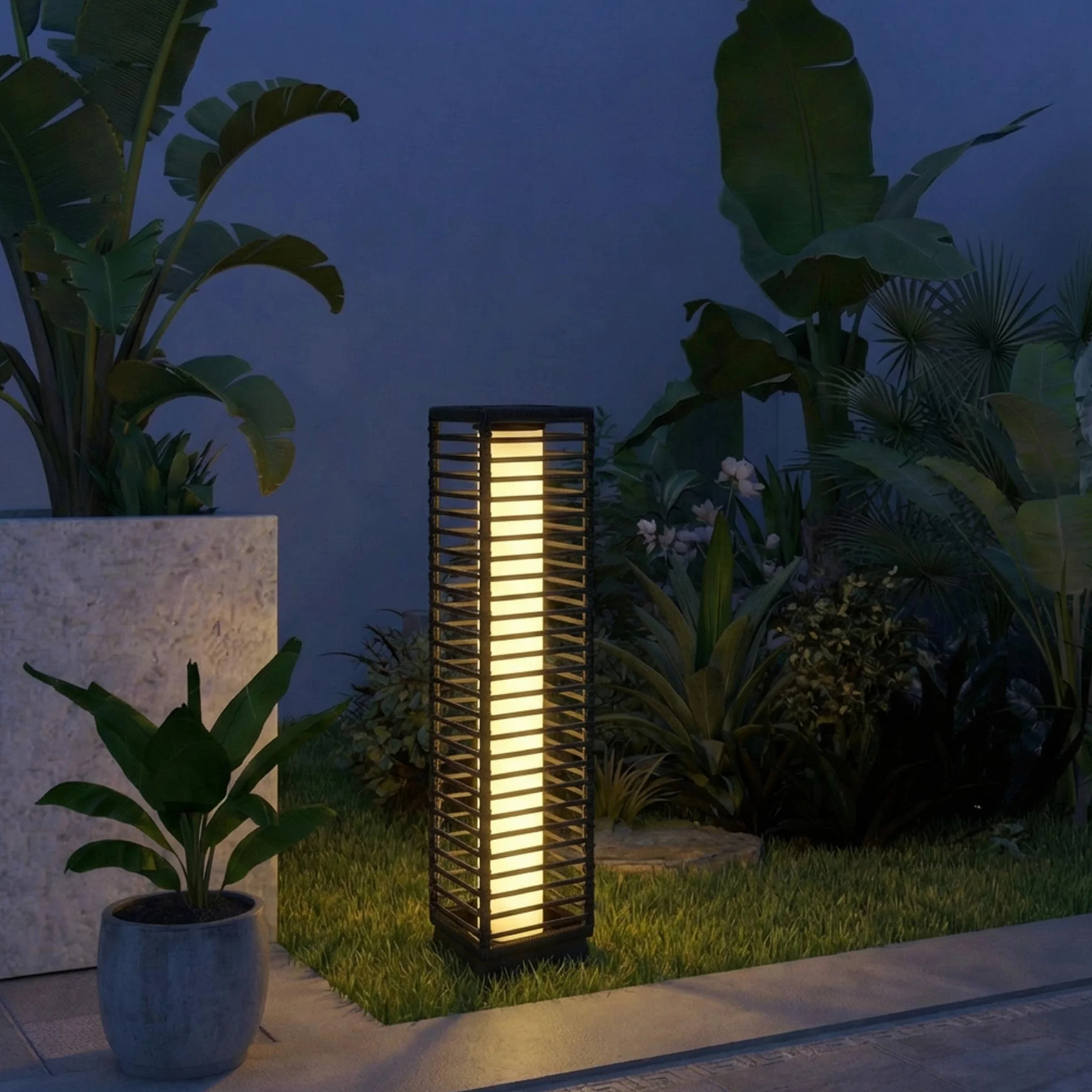 Outsunny Lanterne Solaire Extérieure Résine Tressée Noir Lampadaire sans Fil Rechargeable Capteur de Lumière LED
