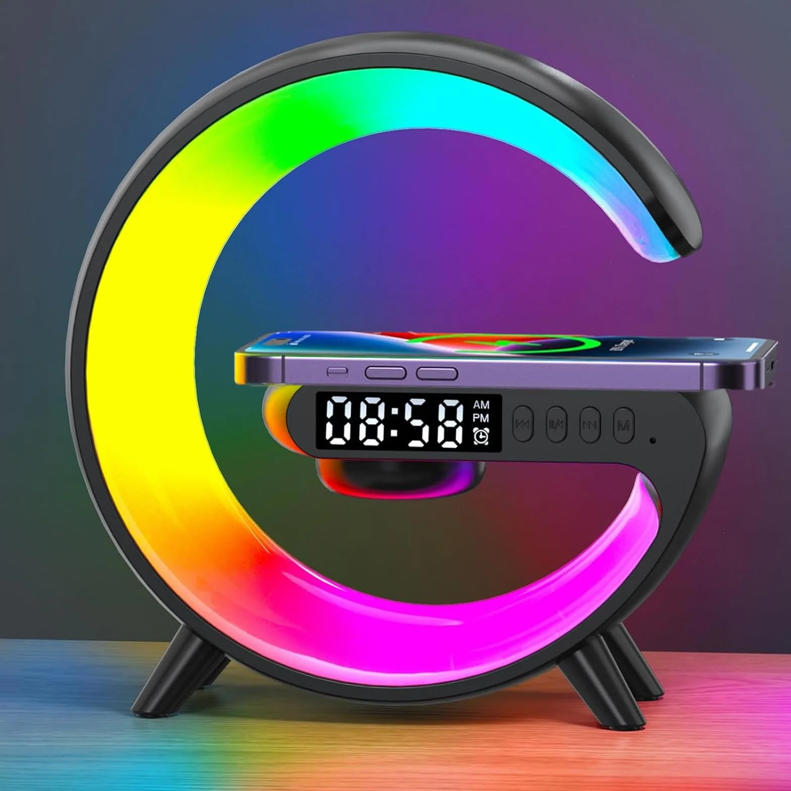 Lampe de Table Intelligente avec Charge Sans Fil et Haut-Parleur Bluetooth, Réveil Simulateur d'Aube Noir