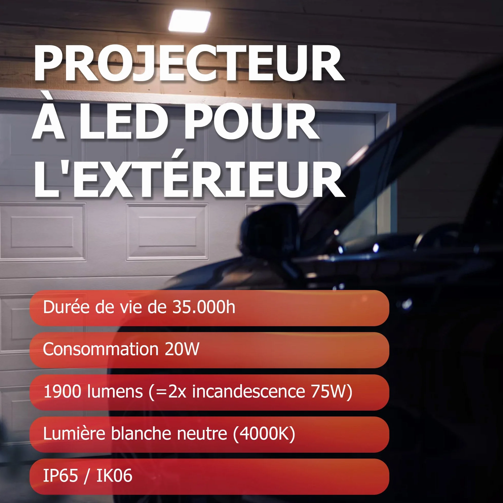 Projecteur LED extérieur 20 W 4000 K 1900 lumens IP65 IK06 aluminium