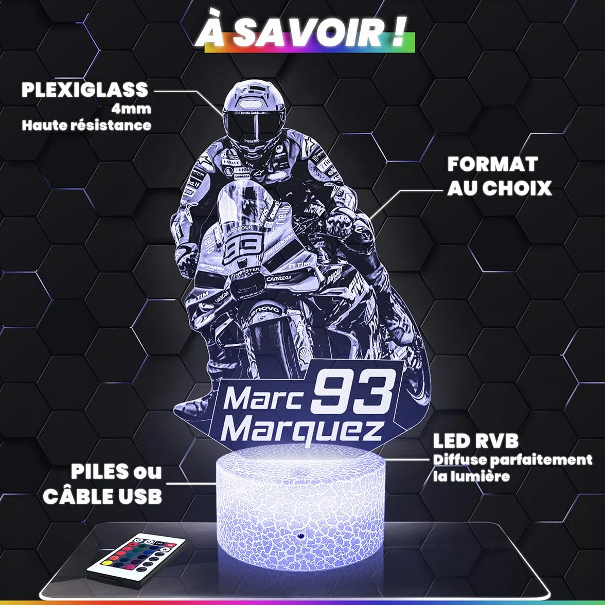 Lampe 3D Marc Marquez Moto GP Pilote Grand Prix, Veilleuse Tactile LED Effet Hologramme 3D, Décoration Chambre