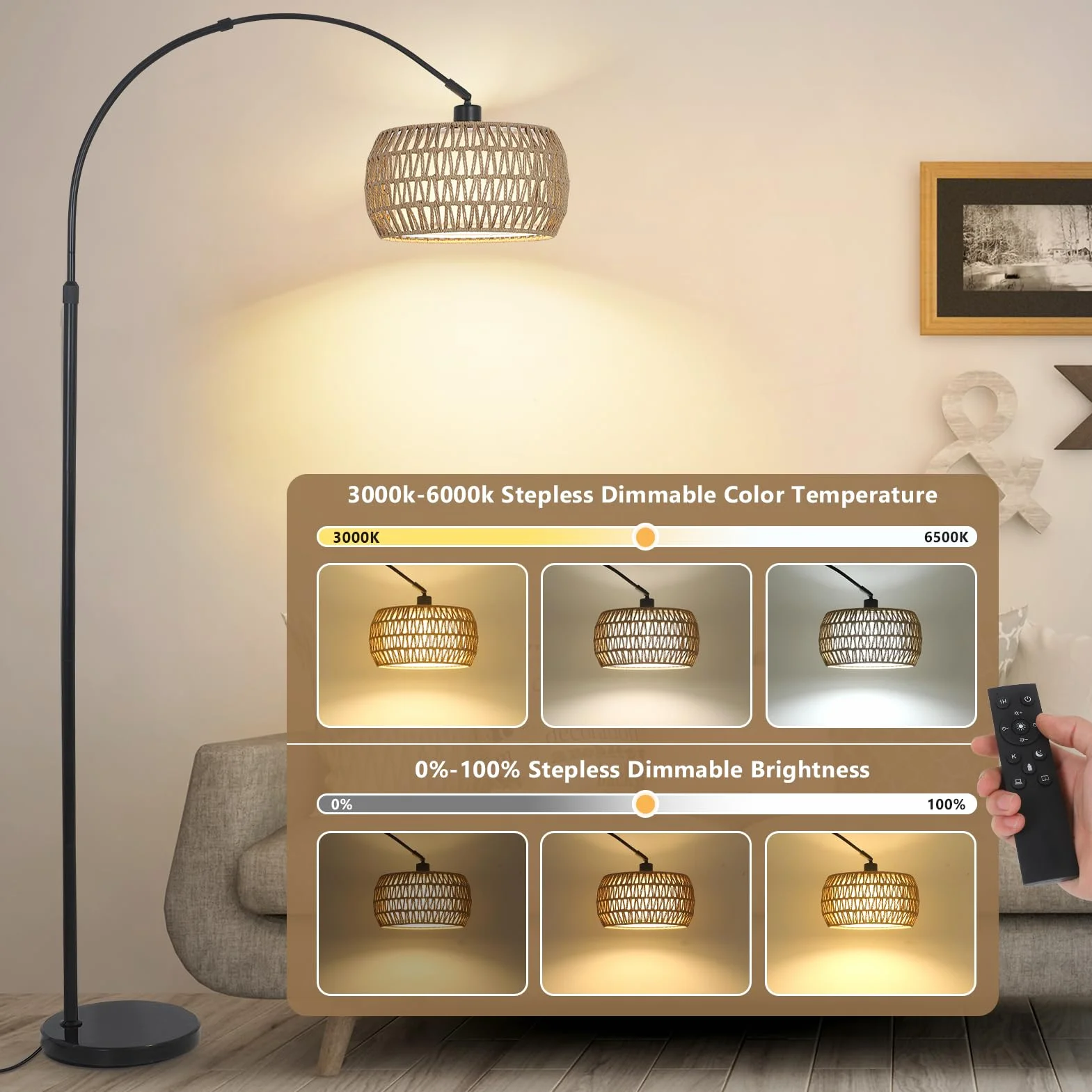 Rayofly Lampe à Arc Vintage avec Abat-Jour en Rotin, Télécommande et Ampoule LED, Contrôle par Application