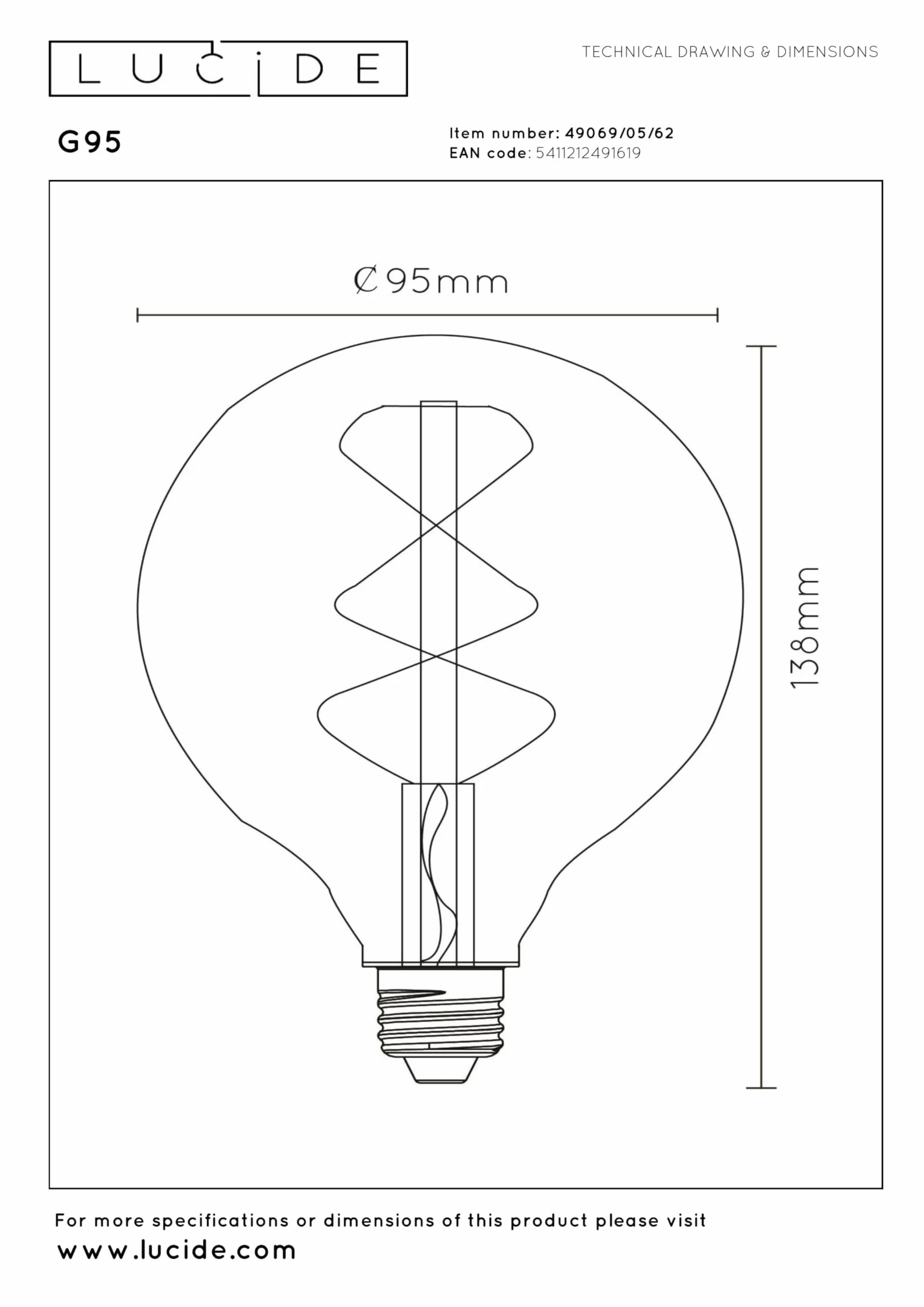 LUCIDE G95 Ampoule filament LED Dim. E27 1x5W 2700K Ambre Ø 9,5 cm
