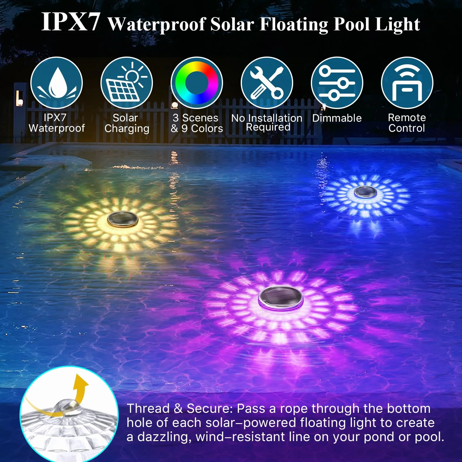 Qoolife Lampe Flottante Solaire pour Piscine Lot de 2 - Lumière Submersible IPX7, 12 Modes de Couleur, Minuterie
