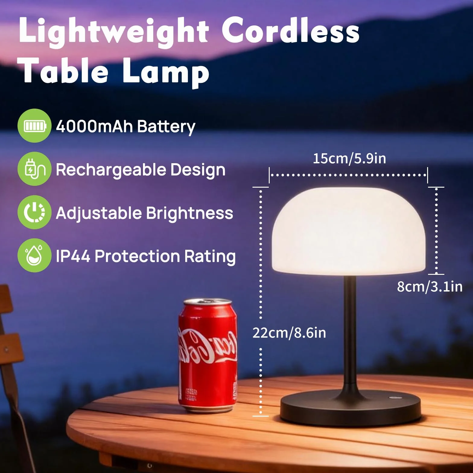 Lampe de Chevet Sans Fil LED Rechargeable, Lampe Champignon Tactile Noir, Veilleuse Intérieur Extérieur