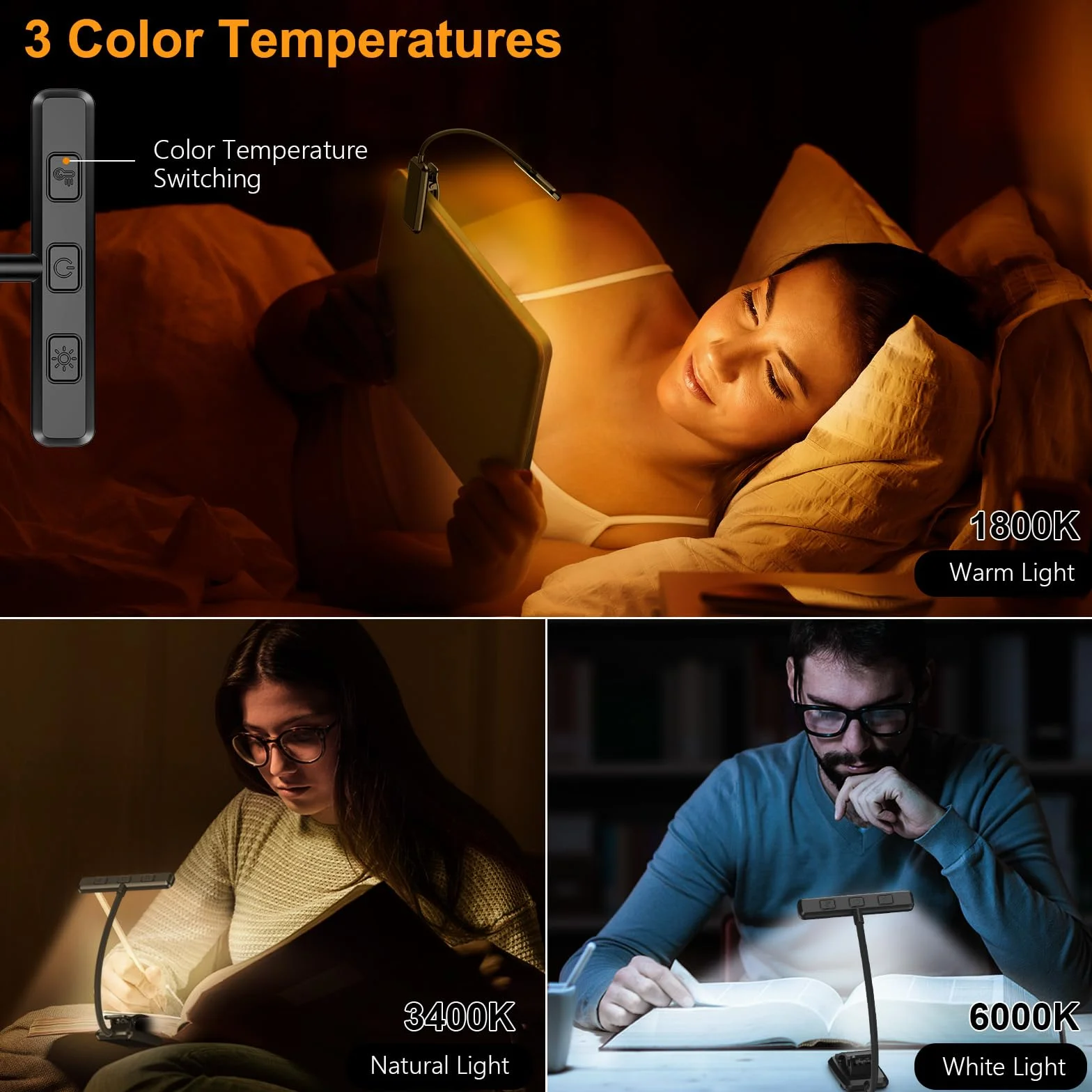 Gritin Lampe de Lecture 19 LED, Liseuse Clip Rechargeable, Protection des Yeux, Gradation en Continu & 3 Couleurs, 360° Cou Flexible, Portable pour Lire au Lit