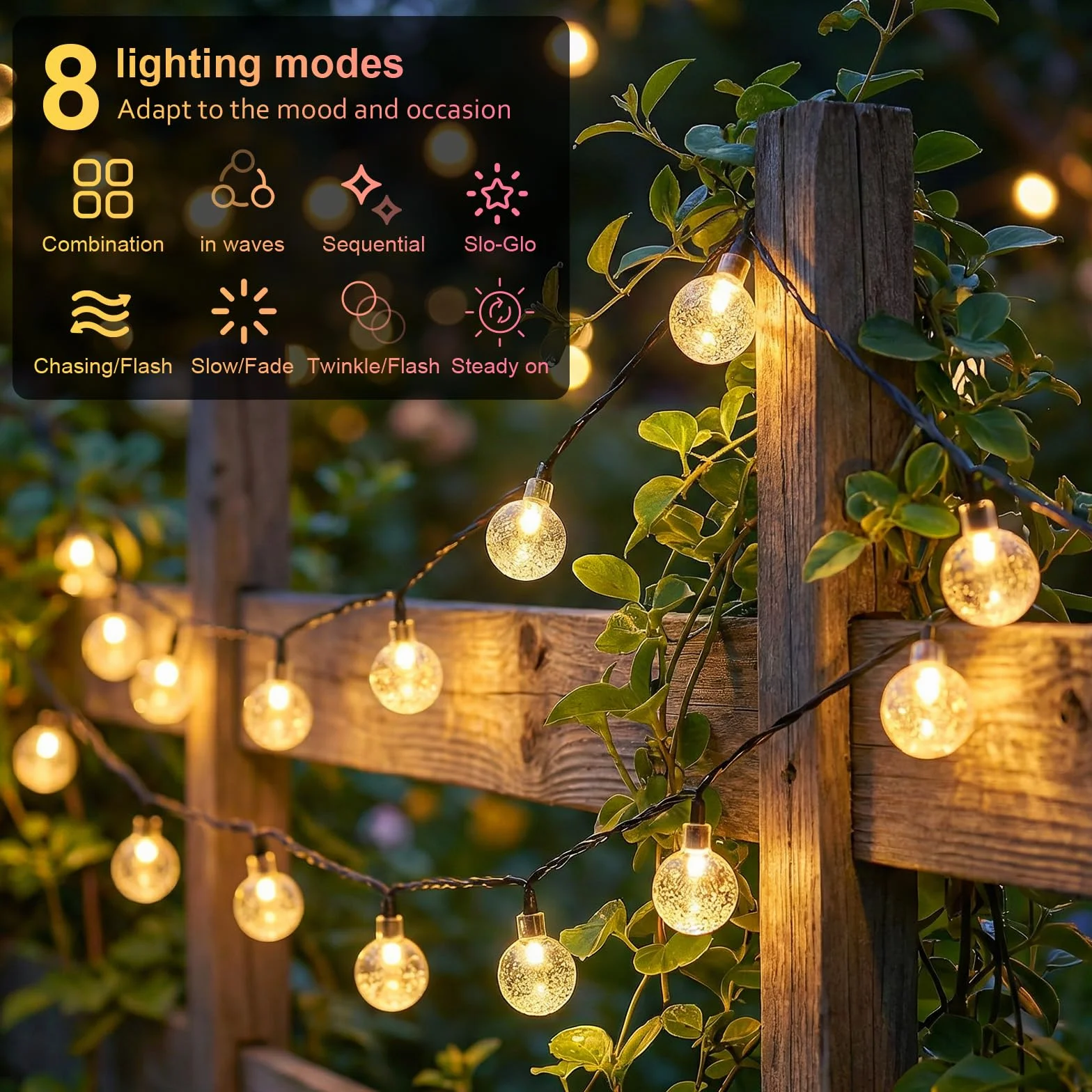 Guirlande lumineuse solaire d'extérieur 40 LED IP65 8 modes Blanc chaud