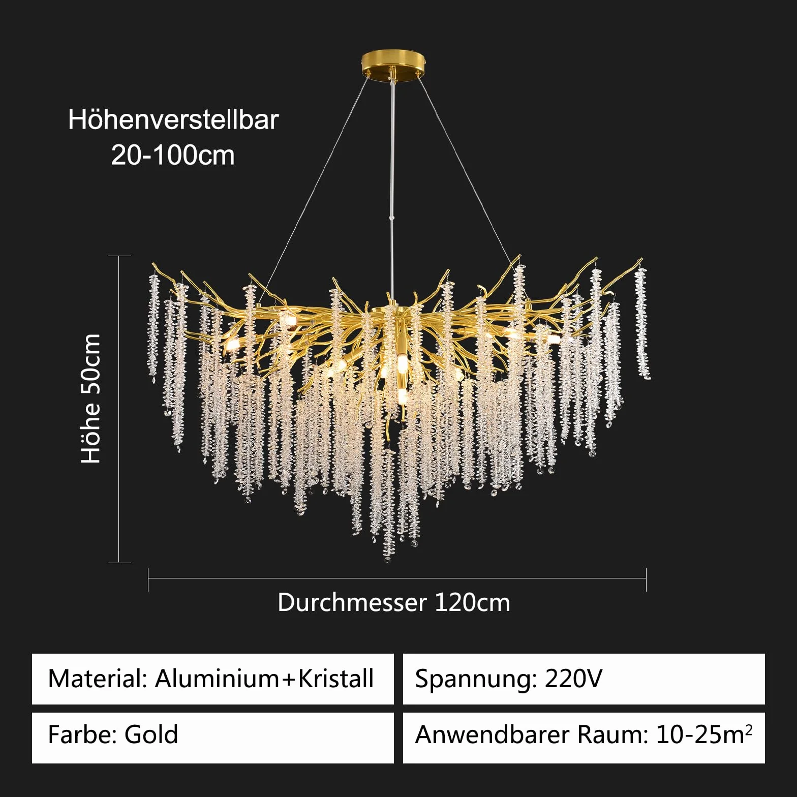 AHXIAOZN Lustre en Cristal Moderne,G9*12 Luxe Lampe à Pendentif en Cristal Rond,Postmoderne Chandelier pour salle à manger, cuisine, salon, chambre, couloir, café, bar(Doré,G9*12,120cm)
