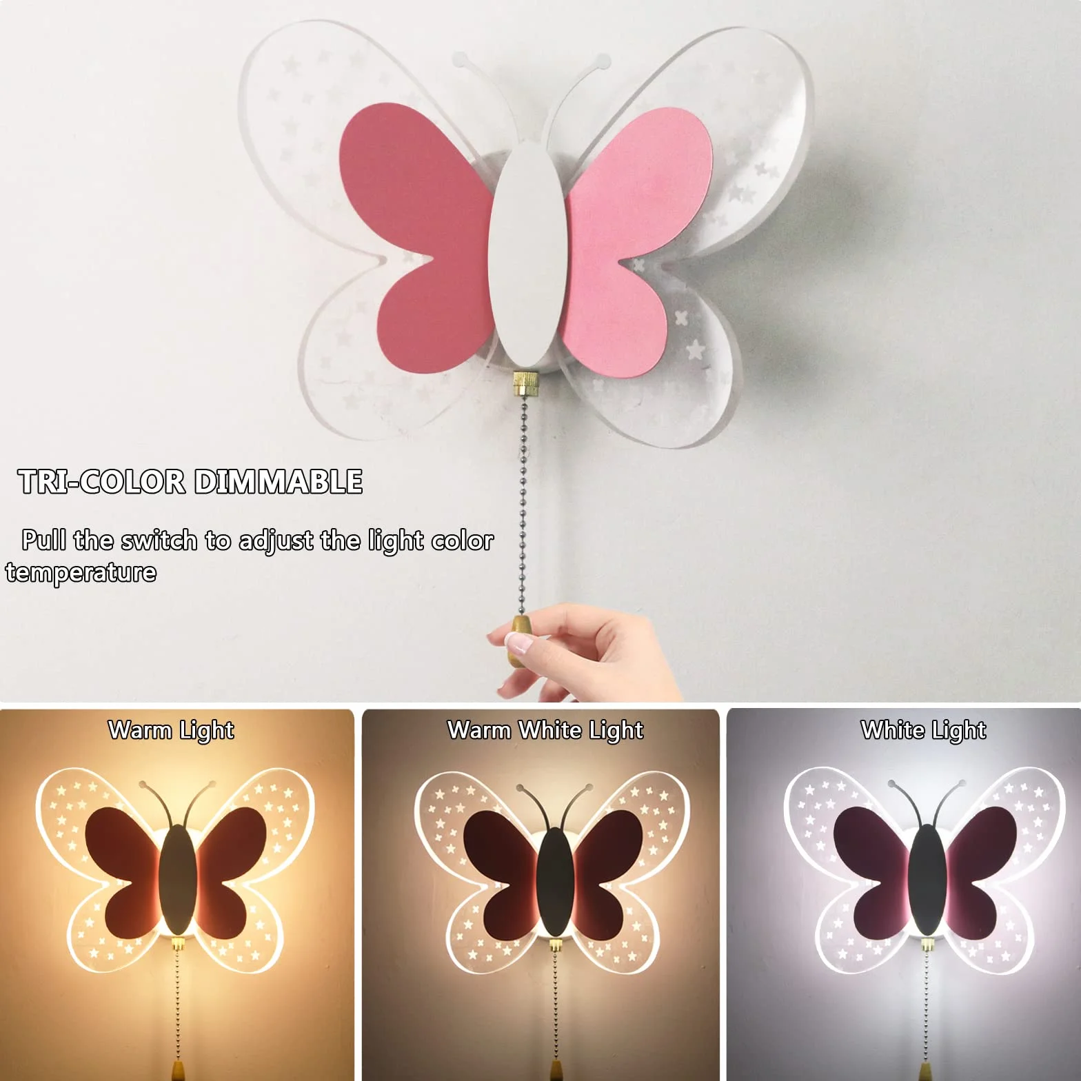 Applique Murale LED 16W avec Interrupteur, Lampe Murale Papillon Rose 3 Températures de Couleur