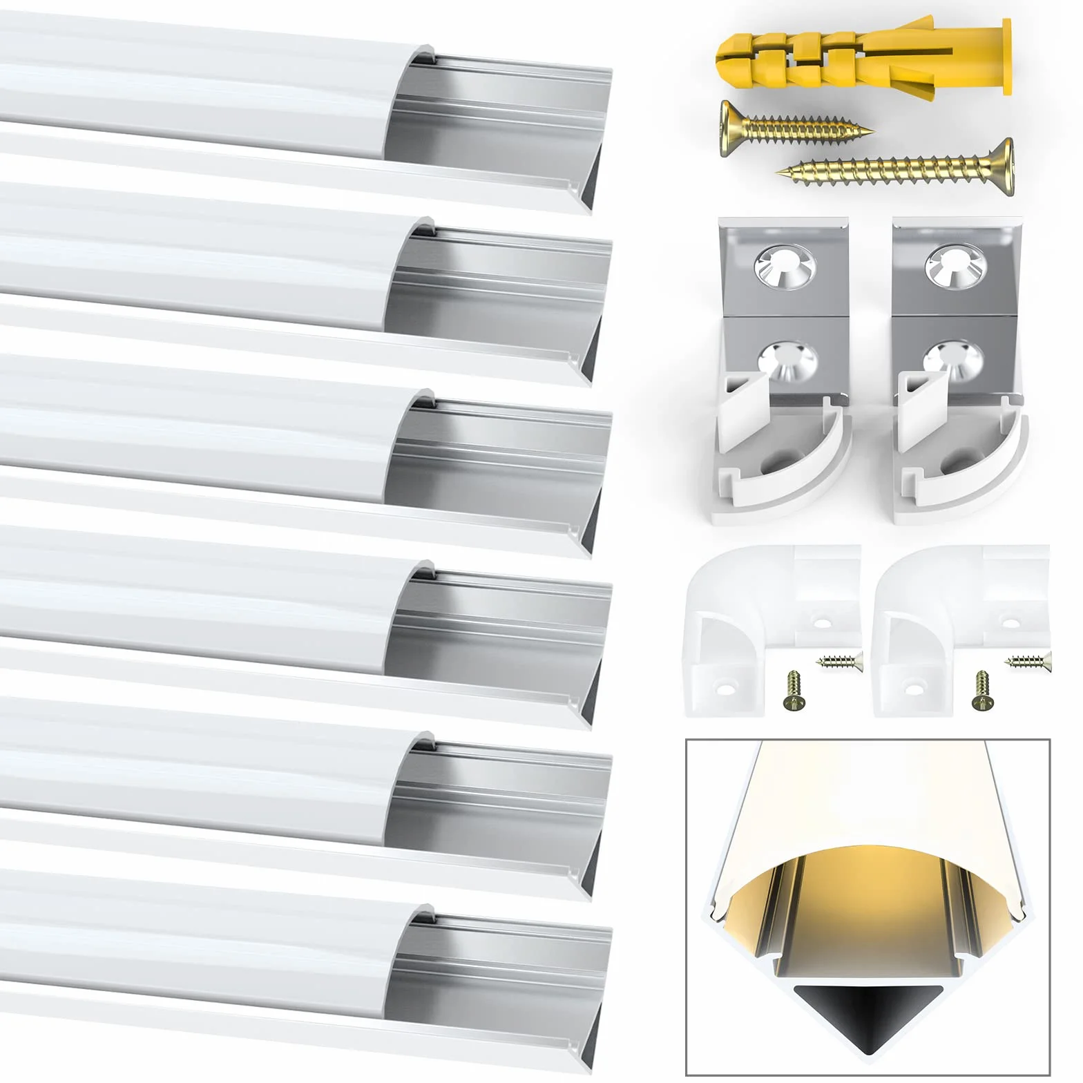 Profilé Aluminium LED V-Forme 6x1mètre avec Couvercle Blanc Laiteux, Embouts, Clips et Connecteurs