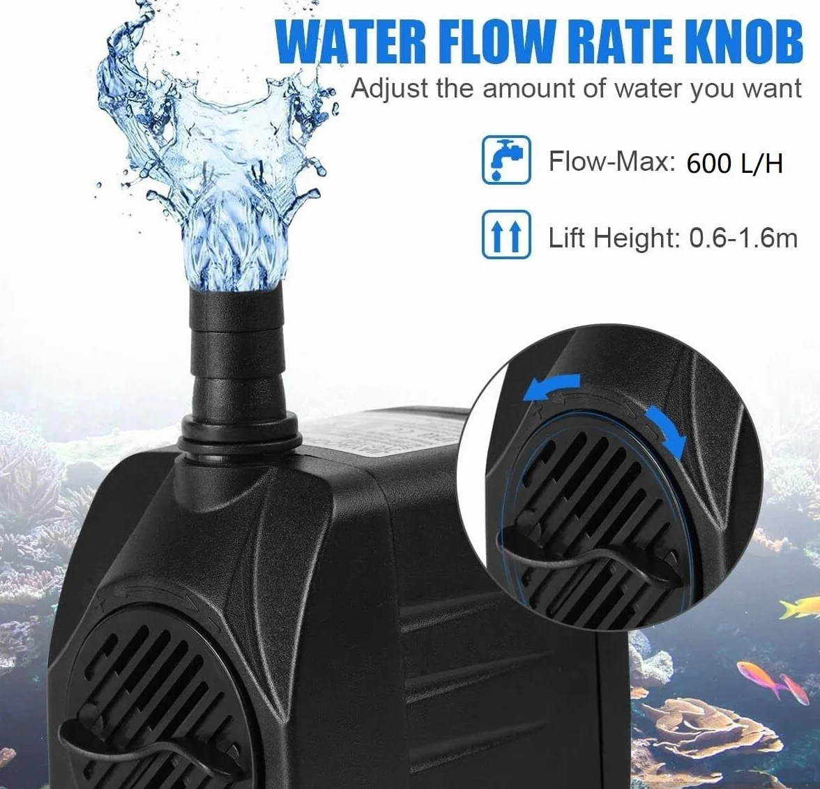 Pompe Eau Submersible 10W 600L/H Ultra-Silencieux Aquarium avec 4 Pieds de Ventouses 2 Buses