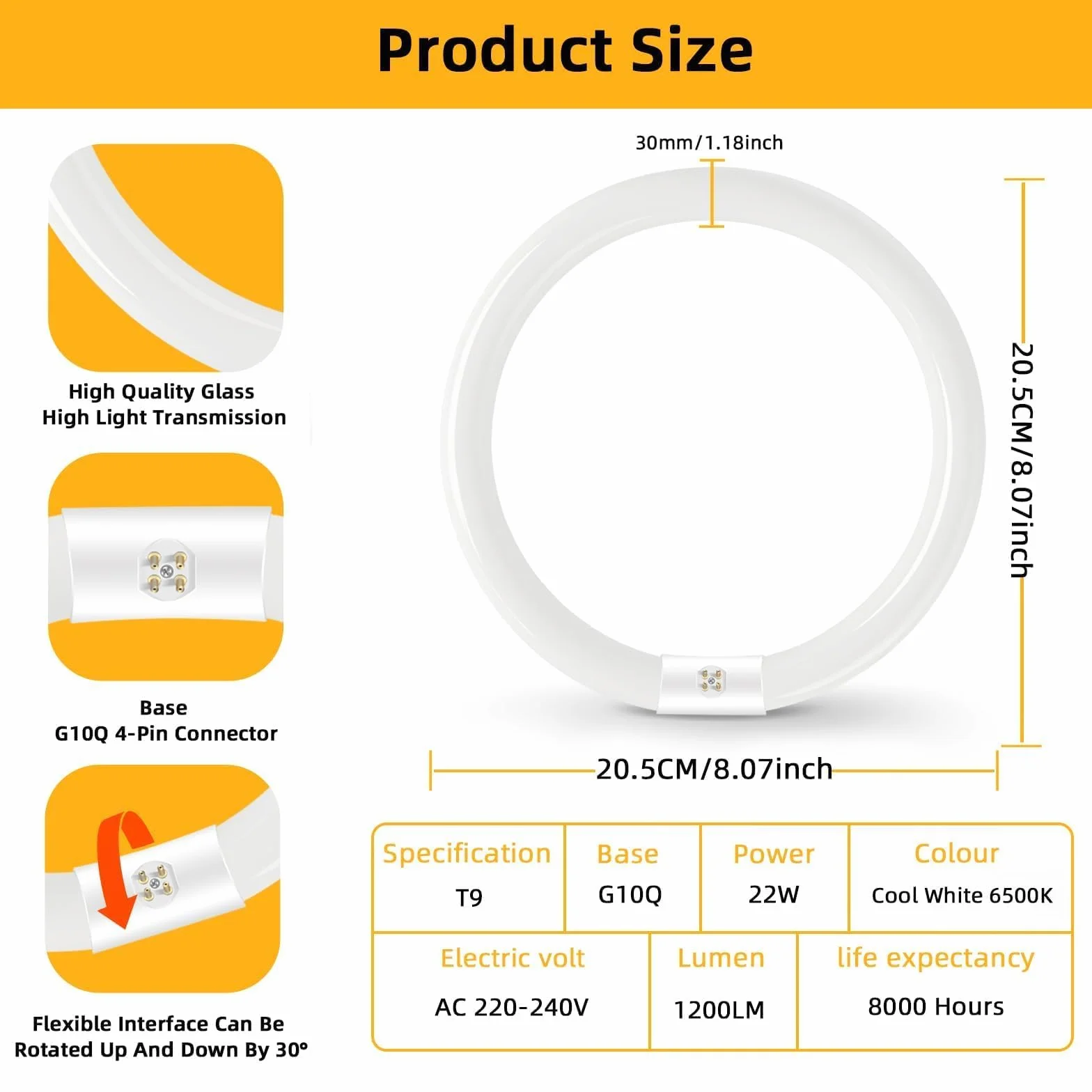 Tube Fluorescent Rond T9 G10Q 22W 20,5cm Blanc Froid 6500K Éclairage Annulaire