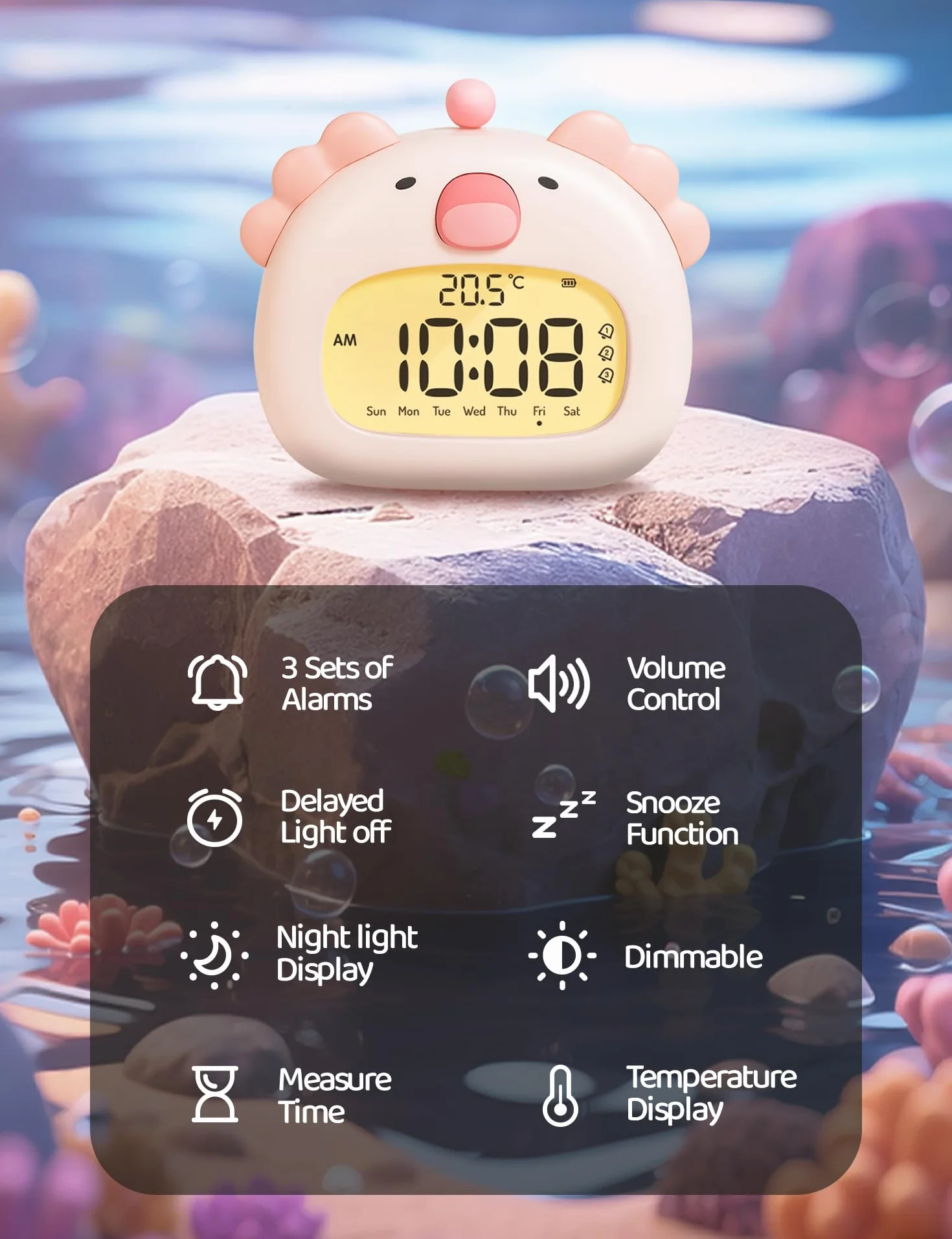 IHALO Cute Axolotl Réveil Enfant avec Veilleuse Écran LED 3,15 Pouces Rechargeable