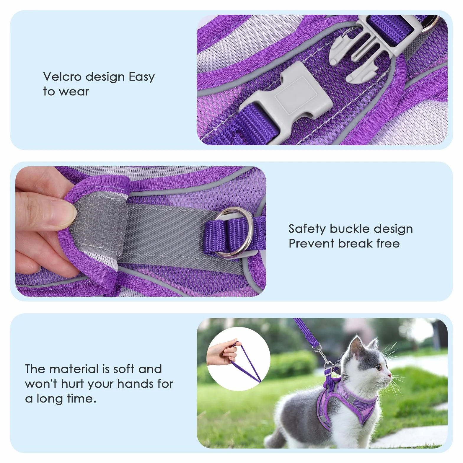 Brifit Harnais pour Chat Anti-Fugue Réglable avec Bande Réfléchissante & Maille Respirante, Pourpre, XXS
