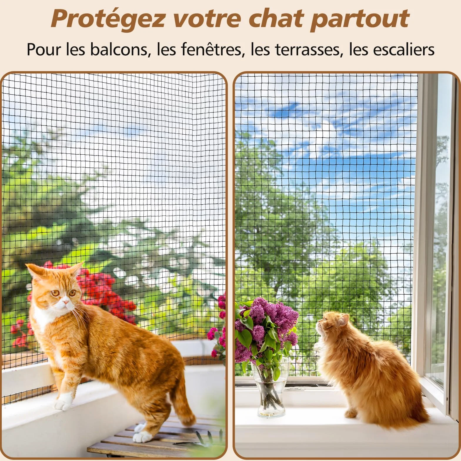 Filet de Balcon sans Percer Renforcé 3x2M Protection Chat avec Crochets Adhésifs Silicone