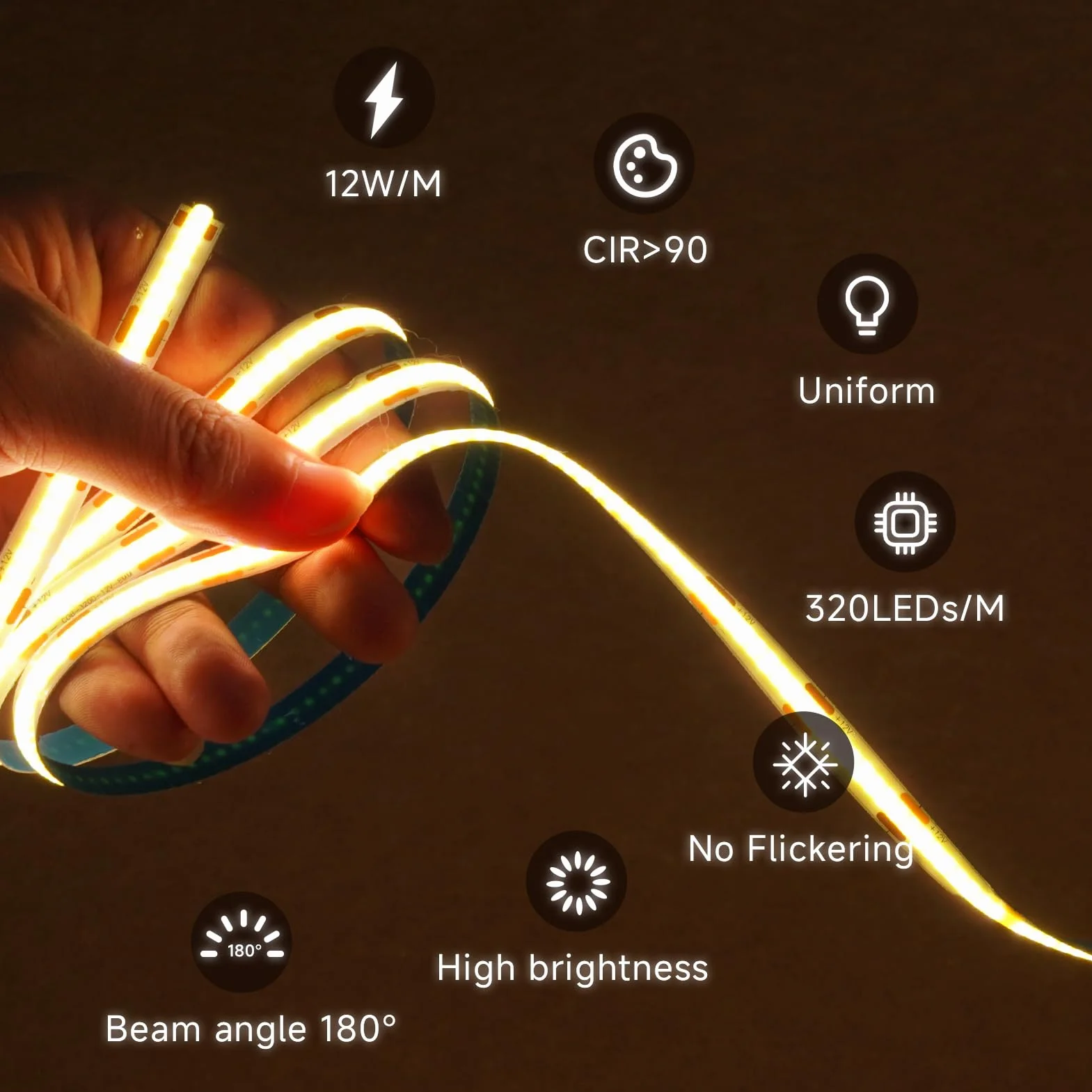 Ruban LED COB 12V 5M 4000K Blanc Naturel 320LED/M CRI>90 Découpable Flexible