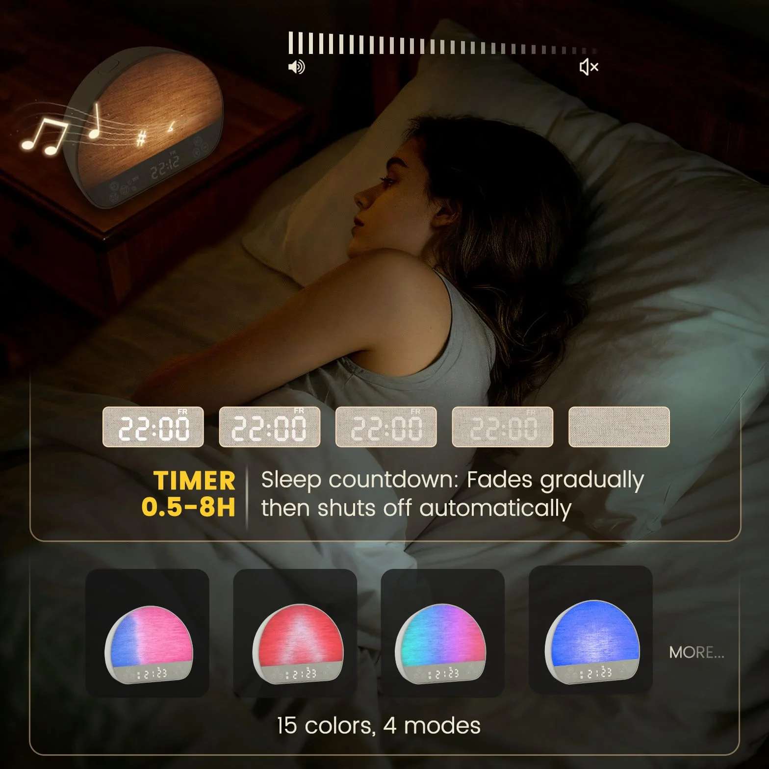 Charmofun Réveil Lumineux Simulateur d'Aube, Luminothérapie Lampe de Chevet avec 37 Sons, 20 Niveaux de Luminosité, 15 Couleurs