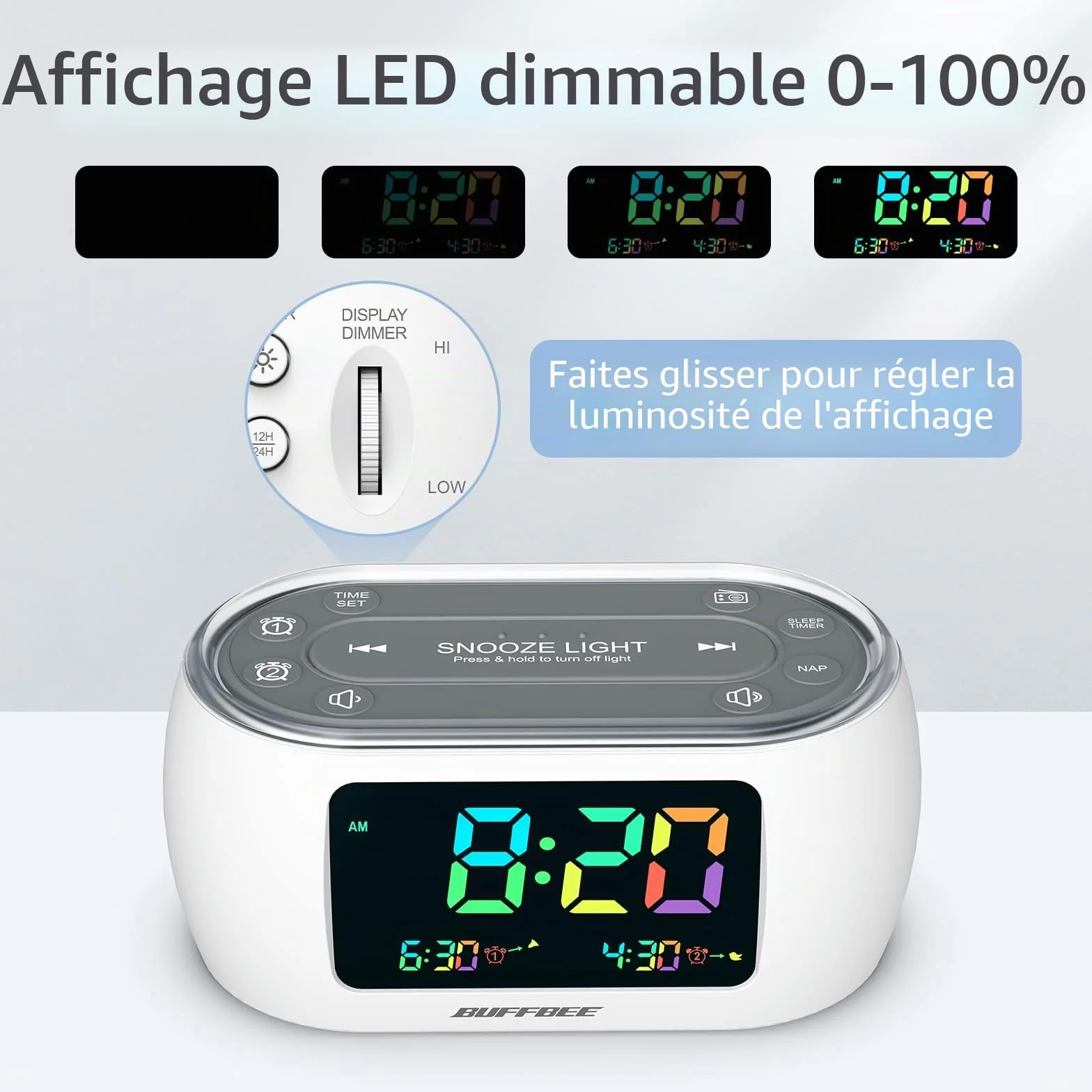 BUFFBEE Radio-réveil FM avec double alarme, veilleuse 7 couleurs, chargeur USB et variateur