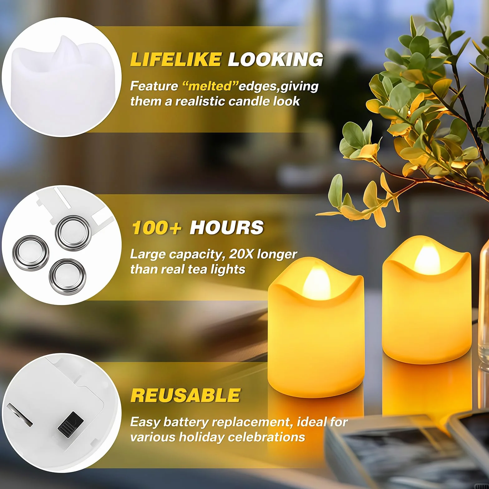 Bougie LED 24 Pièces, Flamme Naturelle, Chauffe-Plat, Sécurité Absolue, Décoration Maison Halloween Noël Mariage