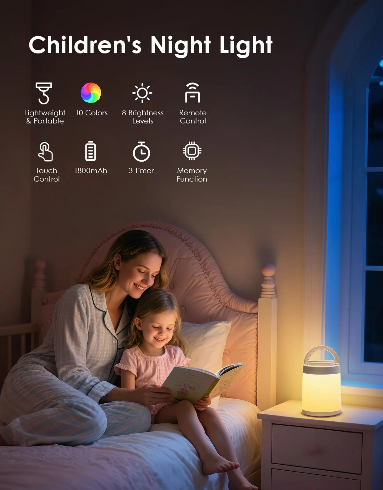 One Fire Veilleuse Enfant 10 Couleurs 8 Niveaux Luminosité Tactile Télécommande Rechargeable Sans Fil Lampe Chevet Chambre Camping