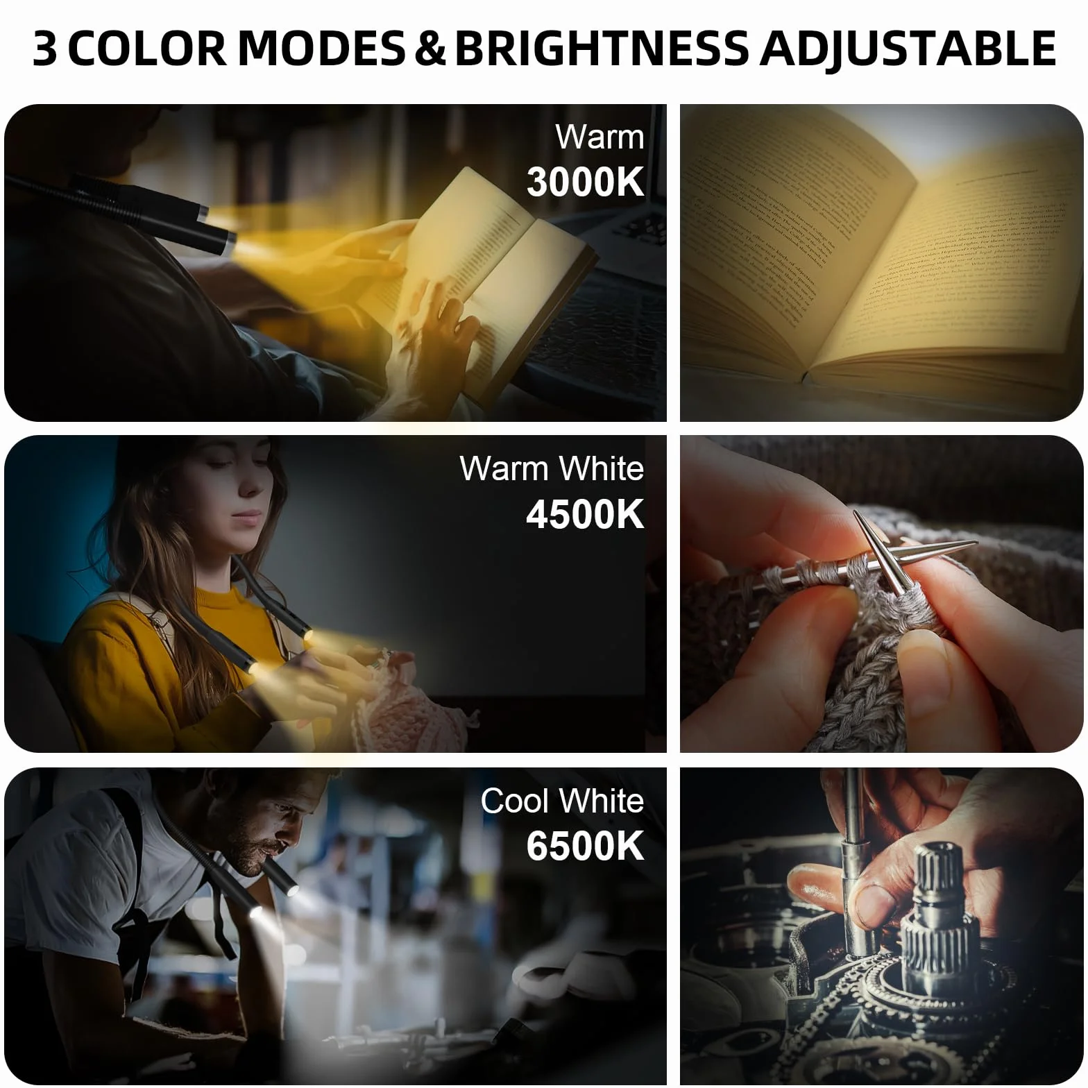HORJOR Lampe de Lecture Rechargeable LED 3 Couleurs Luminosité Réglable Noir