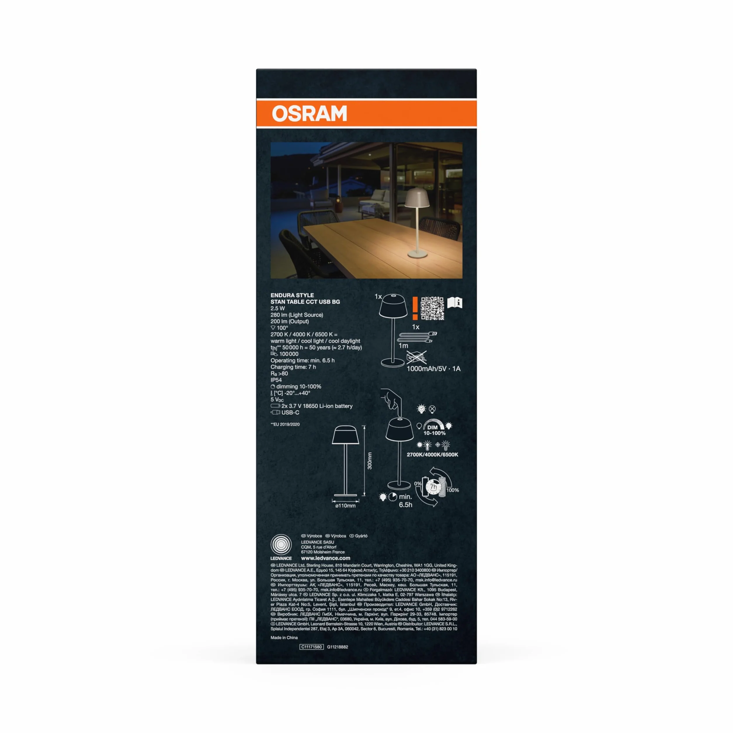 Osram ENDURA STYLE TABLE 2,5W 200lm IP54 lampe de table extérieur batterie rechargeable gradation continue