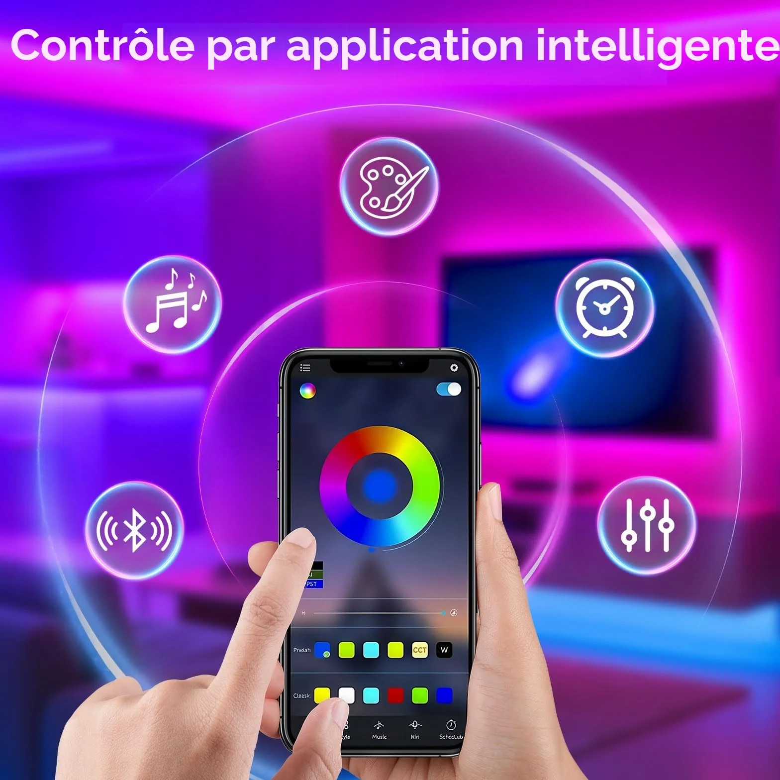 Bande LED TV Bluetooth 50-75" 16M Couleurs Synchro Musique Gaming Télécommande 2.4G Sans Lag