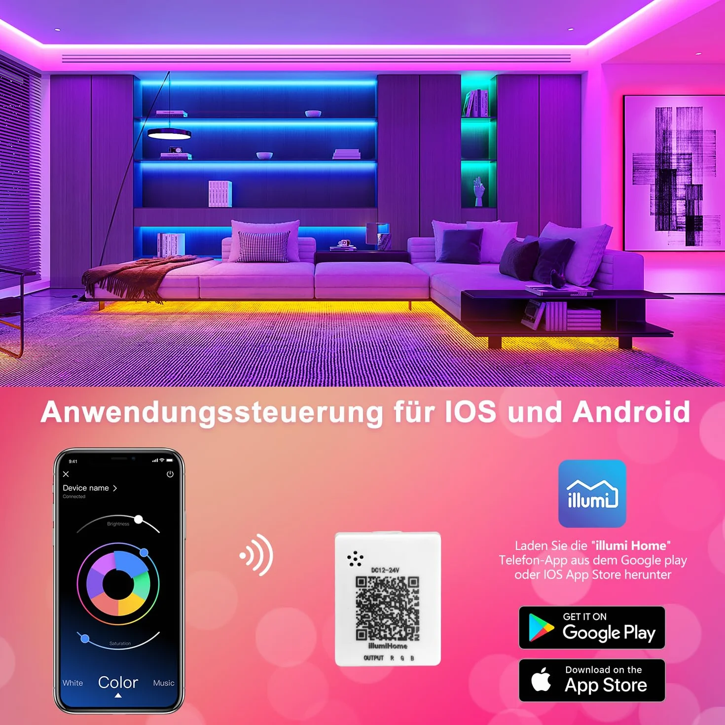 Ruban LED 15M RGB Bluetooth APP Télécommande Lumière Décorative Guirlande Lumineuse Dimmable Musicale Maison Salon Cuisine