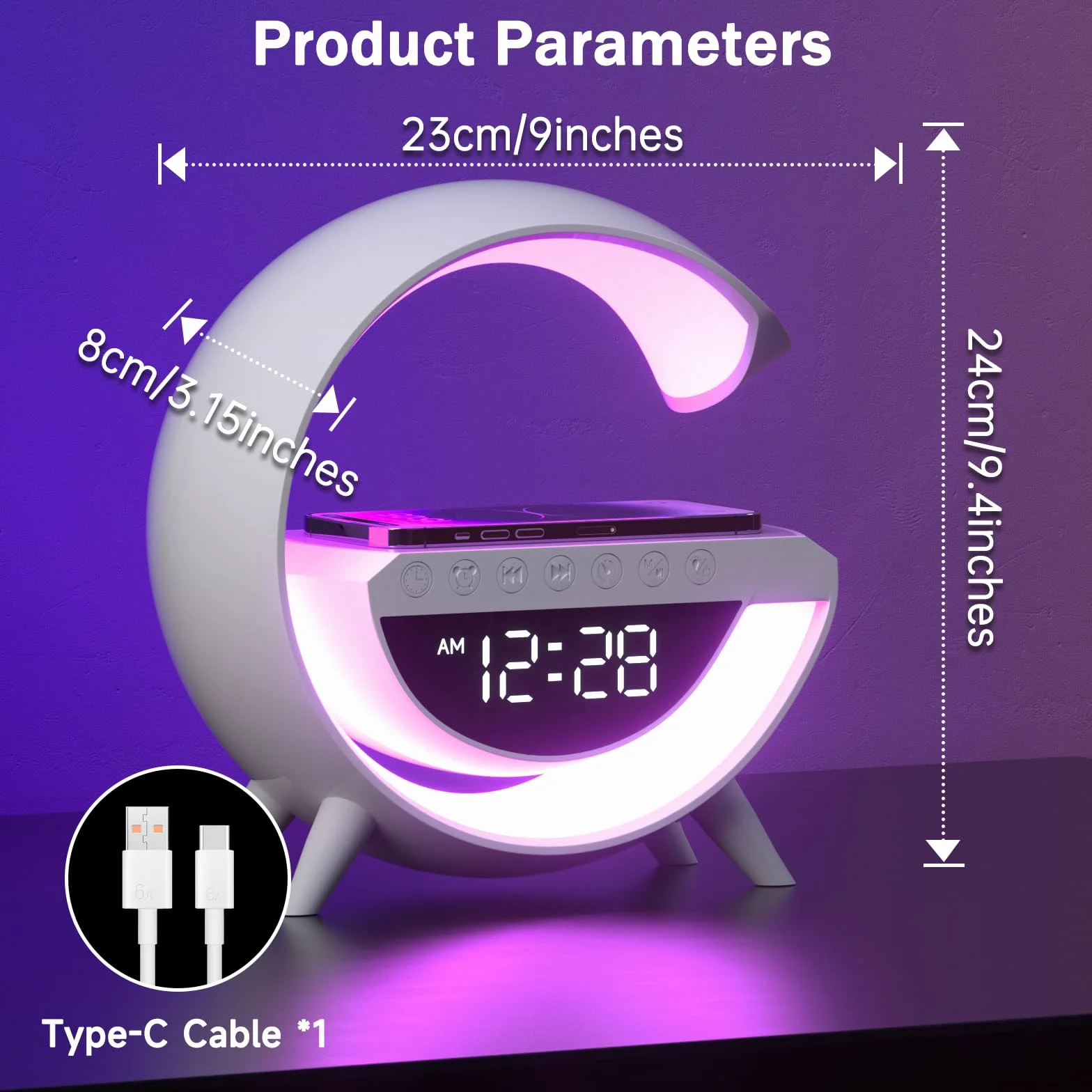 Chargeur sans fil Lampe LED Réveil avec haut-parleur Bluetooth 15W 13 Modes Lumières pour bureau