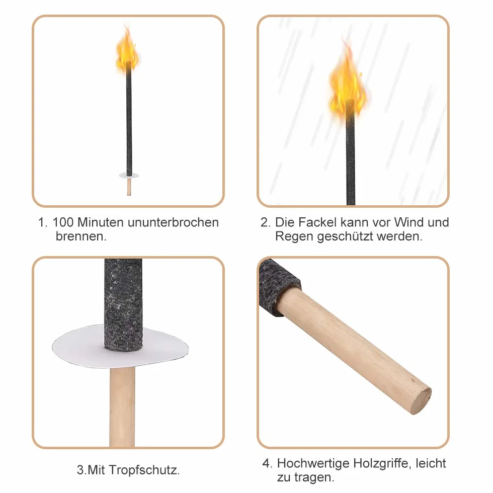 Flambeaux torches en cire lot de 100 avec protection mains poignée bois longue combustion 90-100min jardin