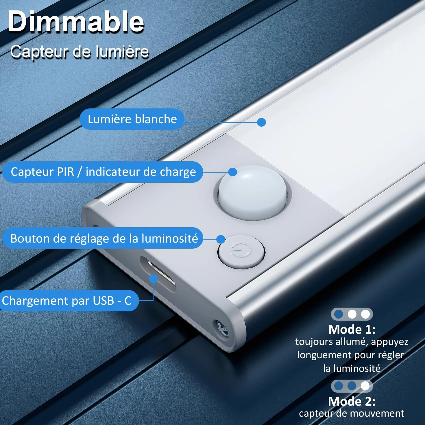 Lampe LED Rechargeable Cuisine Reglette Sans Fil Mouvement Detecteur Lumiere Interieur Sous Meuble Placard Eclairage USB Pile