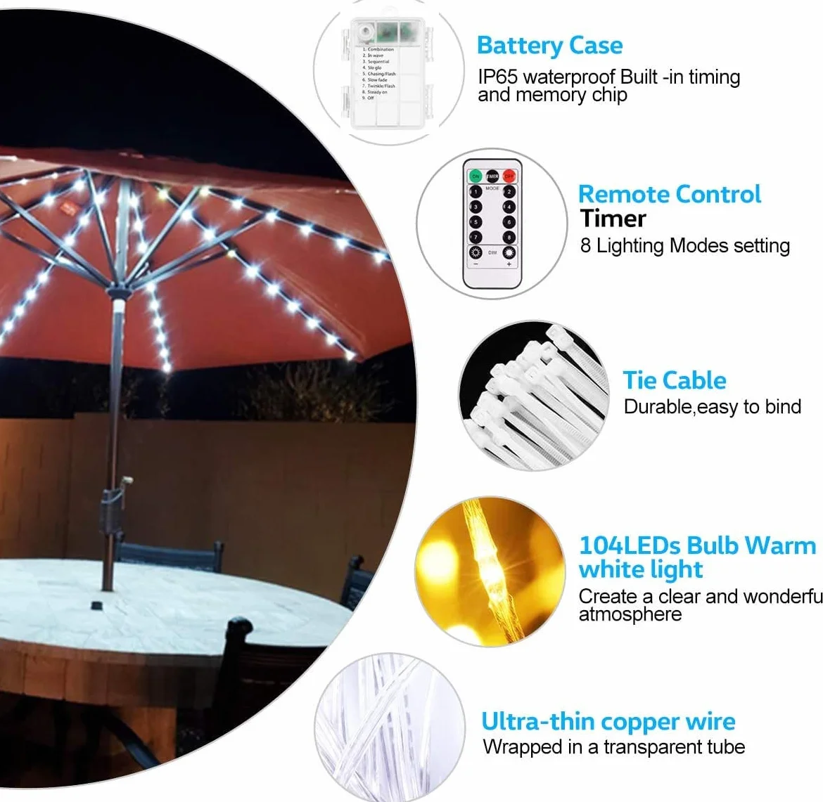 KINGCOO Guirlande Lumineuse Parasol 104LED Etanche Lampes pour Parasol de patio à piles Télécommande 8 Modes Blanc chaud
