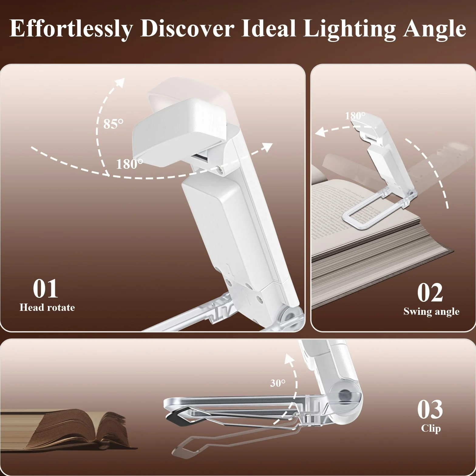 Lampe à Pince Livre Lumière Lecture 3 Modes Couleur 5 Niveaux Luminosité Réglables Rechargeable USB Autonomie 80 Heures Blanc