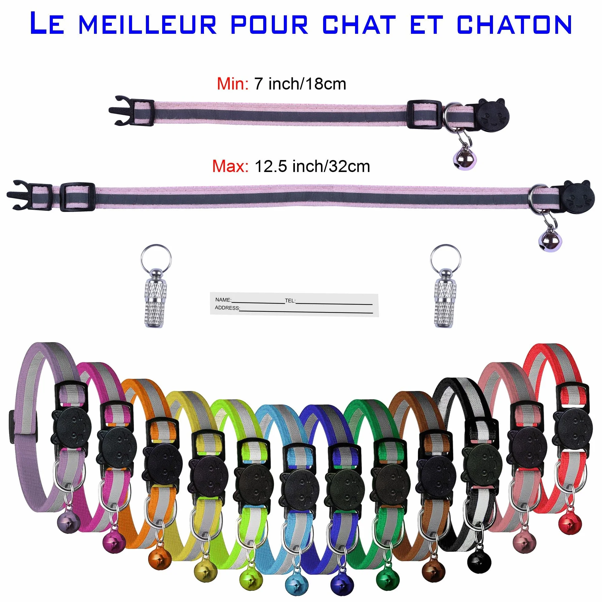 Collier Chat Réfléchissant Nylon avec Boucle Sécurité Anti-Étranglement et ID Tag