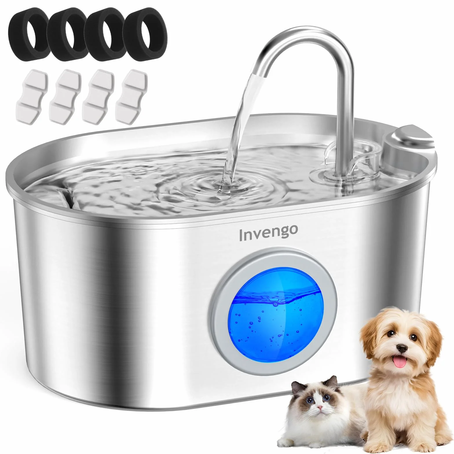 Fontaine à Eau pour Chat 2,2L Acier Inoxydable avec Fenêtre de Niveau d'Eau, 4 Filtres Inclus, Design Anti-éclaboussures
