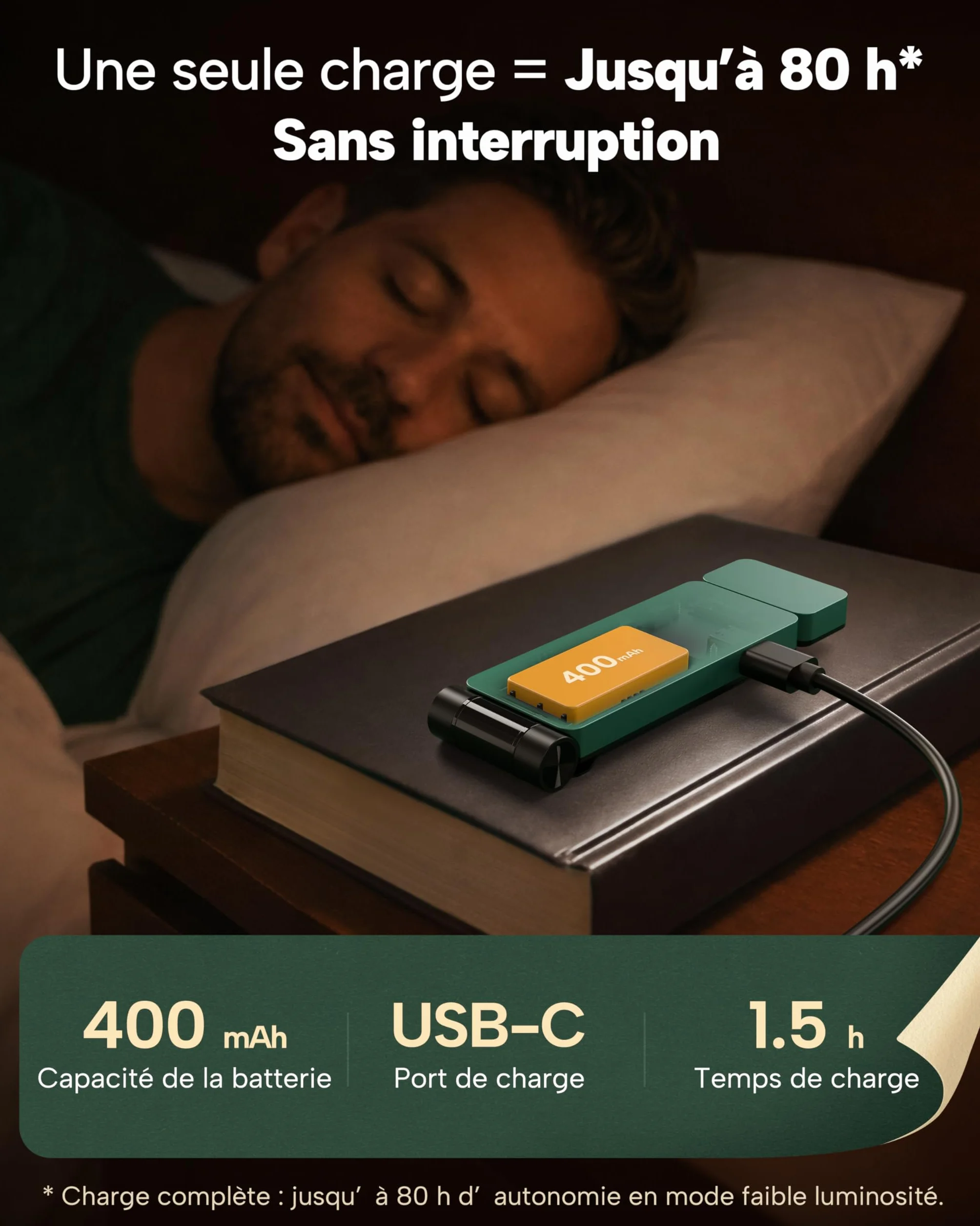 86lux Lampe de Lecture Rechargeable Liseuse LED USB-C, Légère 46 g, Lampe à Pince Marque-Page, 3 Températures de Couleur, 80H Autonomie, Vert